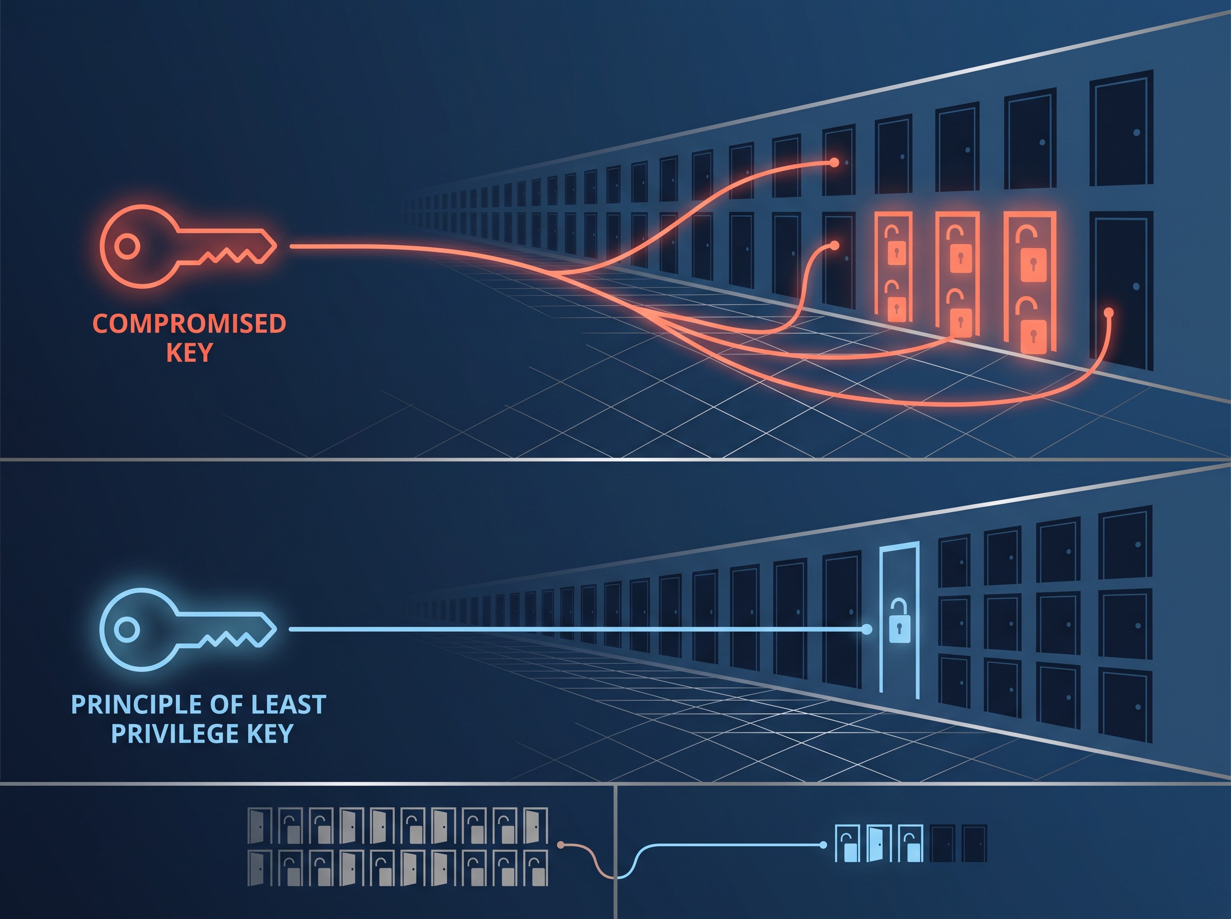 A diagram contrasting one over-privileged account key opening many doors with a limited key opening one
