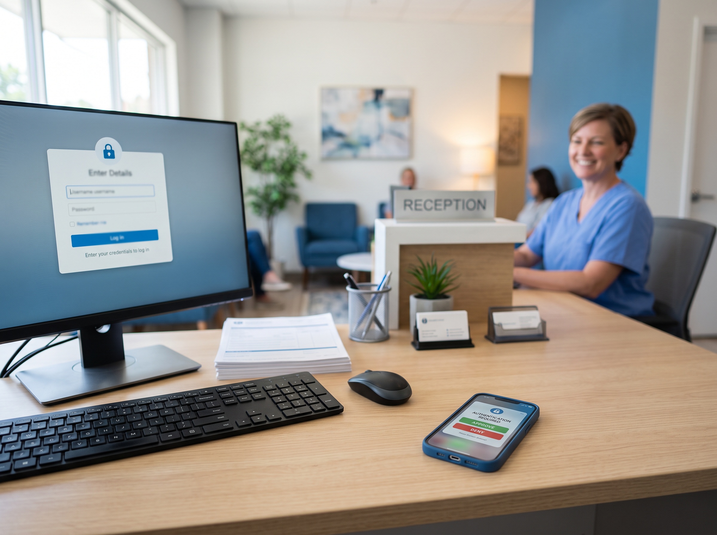 A dental office login protected by a multi-factor authentication prompt on a phone