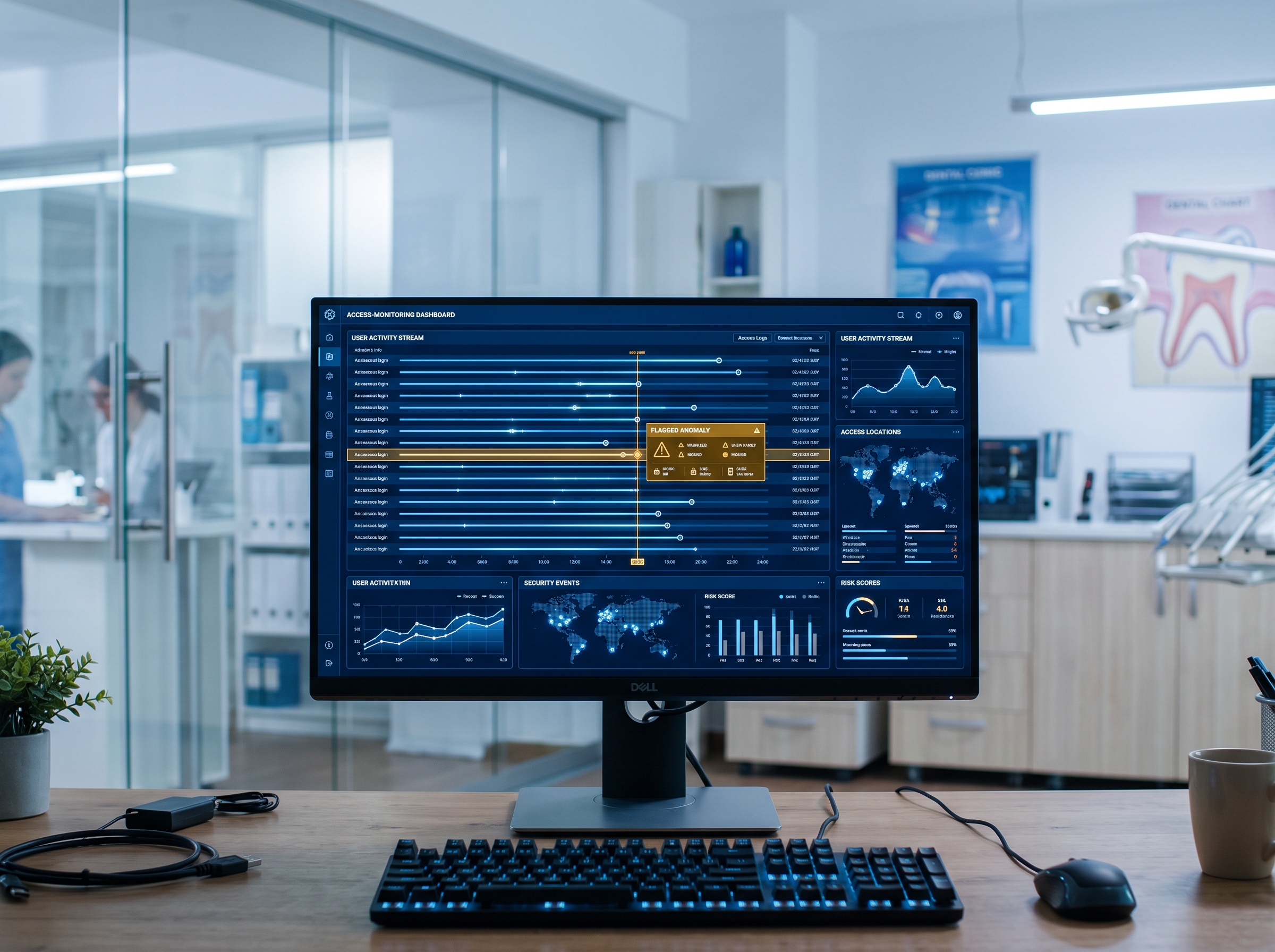 A monitoring dashboard flagging one anomalous login among normal activity in a dental office