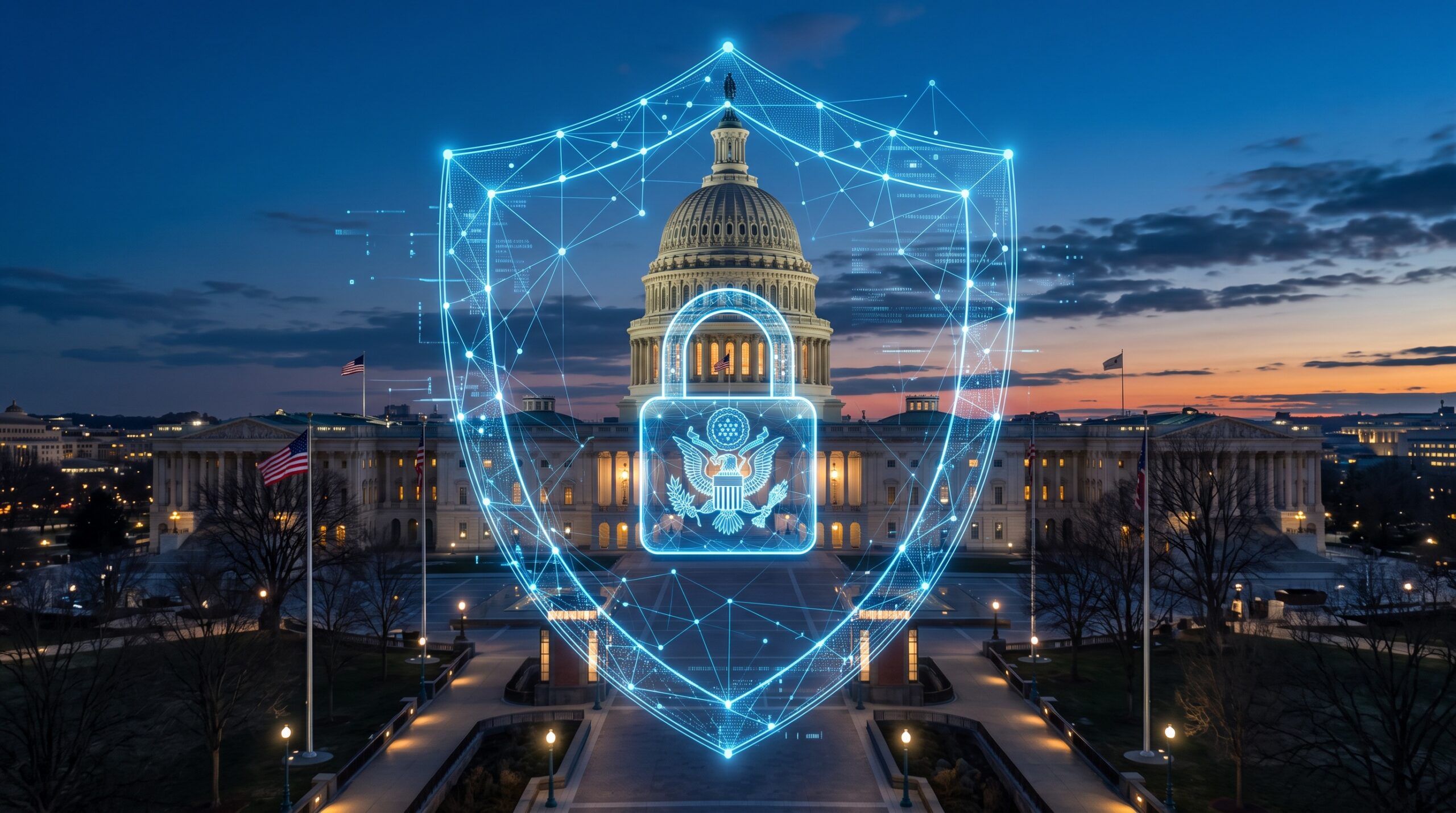 The U.S. Capitol dome behind a glowing digital shield representing federal healthcare cybersecurity legislation