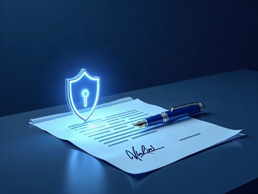 A signed attestation document beside a pen and a security shield icon