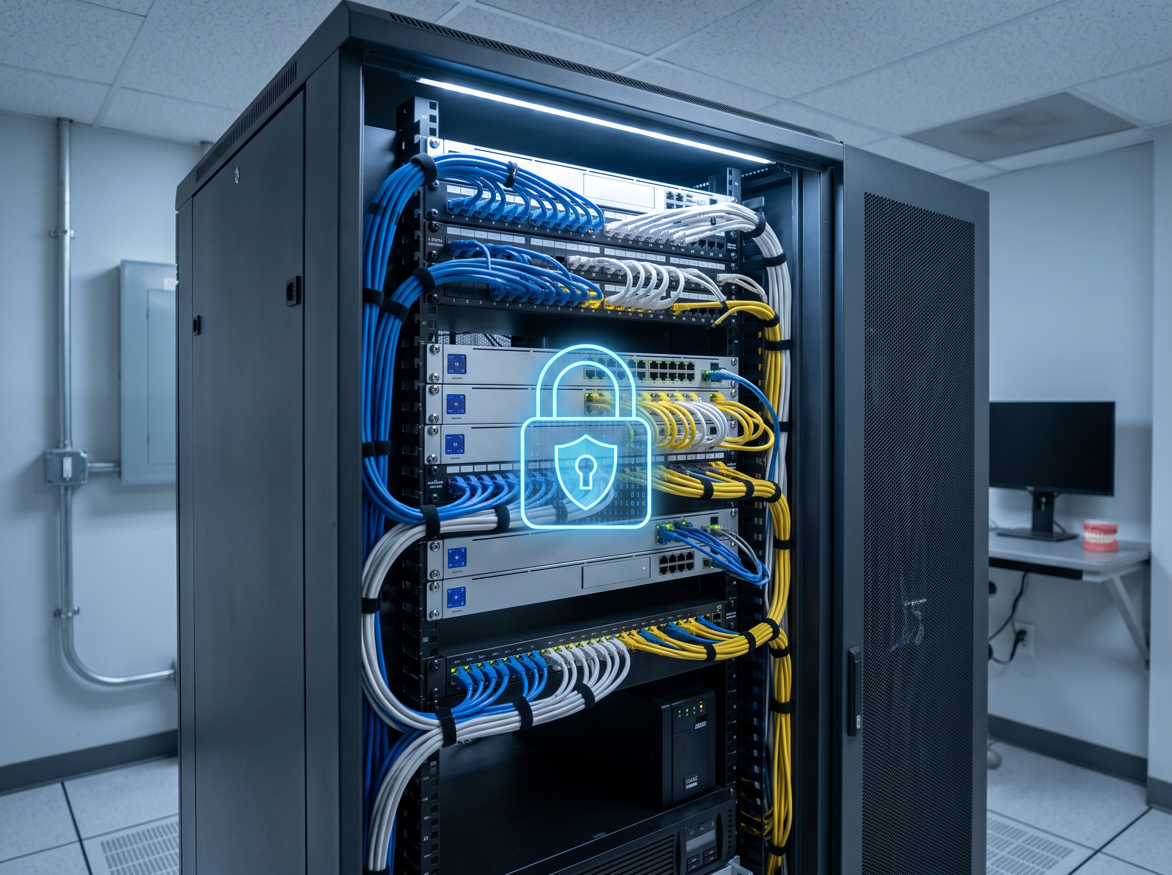 A secured dental practice server cabinet with a padlock icon representing protected patient data