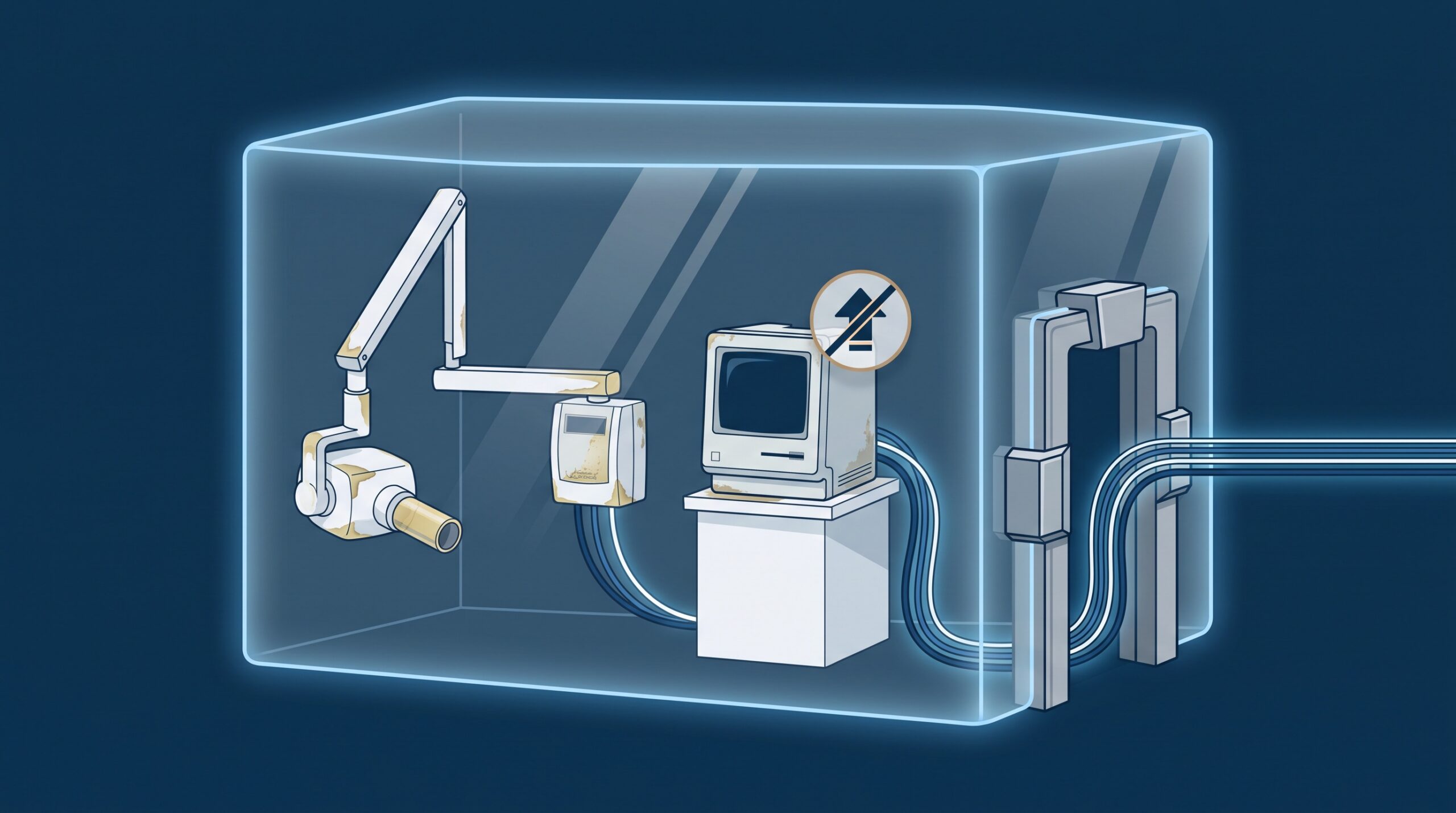 An aging dental intraoral sensor and its capture computer enclosed in a translucent protective box, with a crossed-out update badge and a single guarded network gateway leaving the enclosure