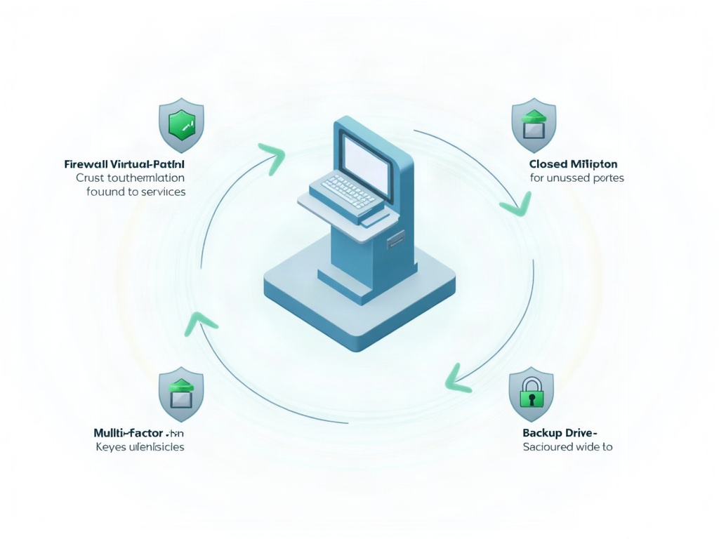 An unpatchable imaging workstation ringed by four shields: a firewall virtual-patch shield, an MFA key lock, a padlock over unused ports, and a backup drive with a restore arrow
