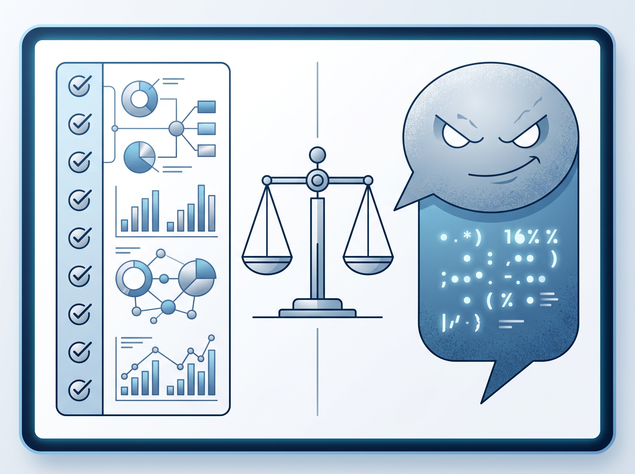 A split illustration contrasting a panel of small confirmed checkmarks against a large looming speech bubble representing an unverified leak-site claim