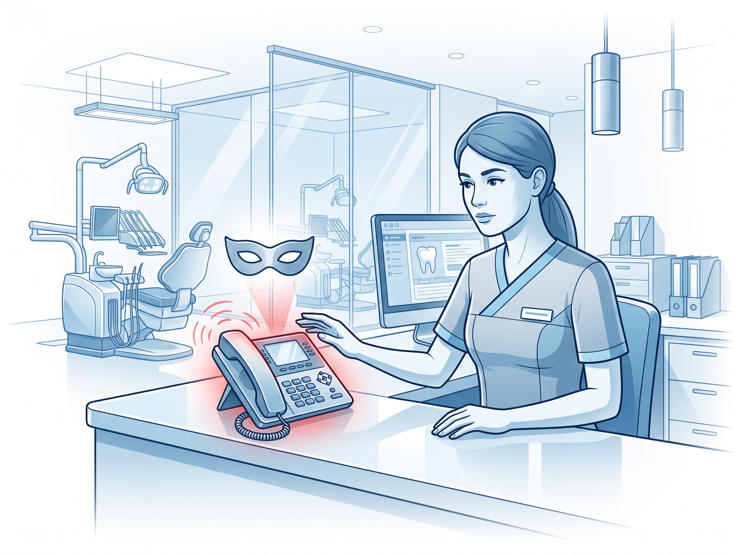 A dental front-desk phone ringing with a red alert glow and an impersonation mask motif, a receptionist pausing to verify the caller