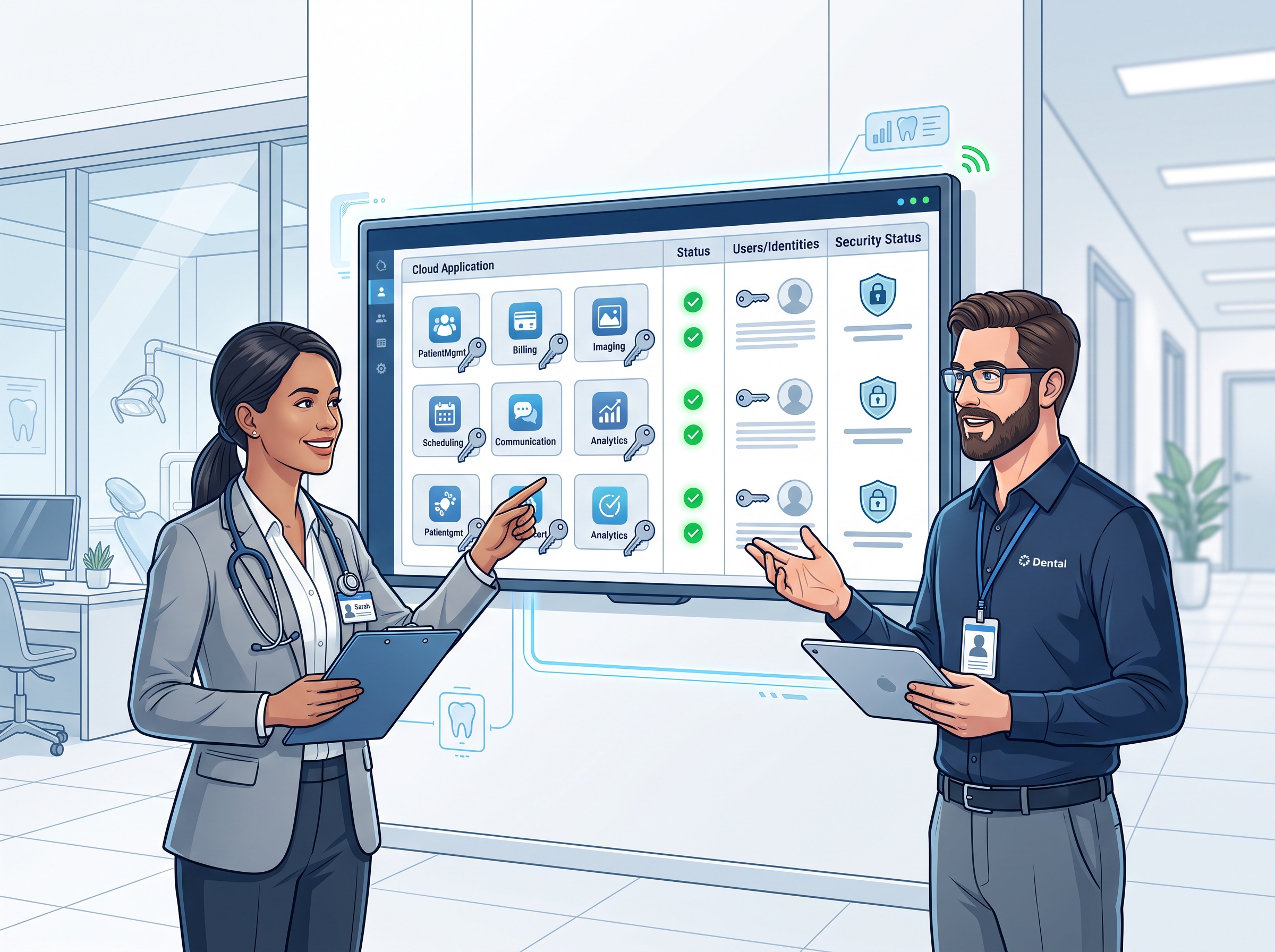 A practice manager and IT professional reviewing an orderly inventory of cloud apps paired with identity keys and green status indicators on a monitor