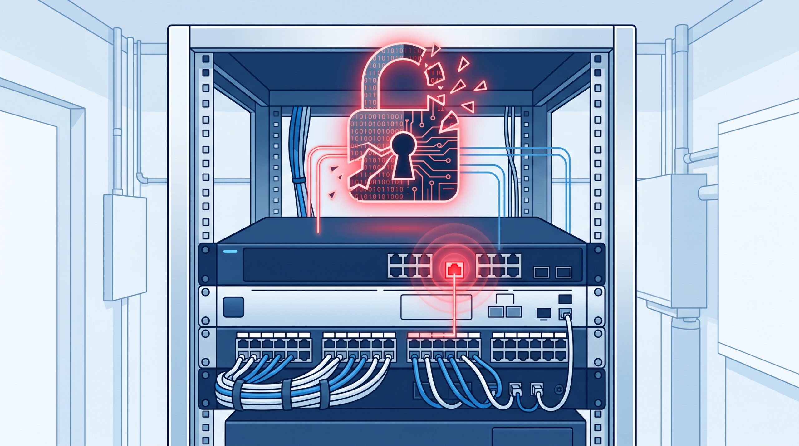 A dental office network router with a glowing intrusion alert at an exposed SSH management port