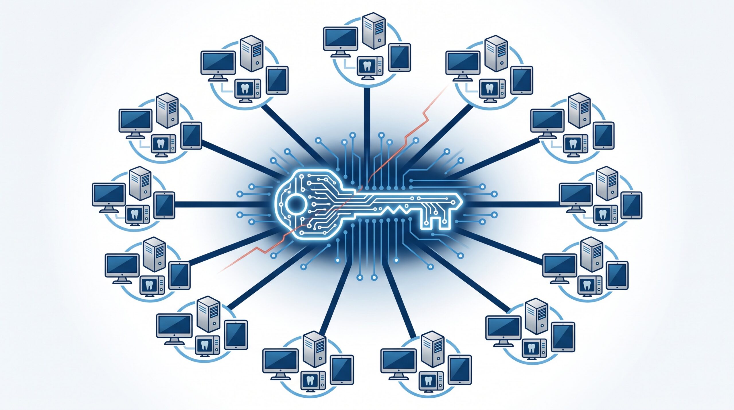 A central remote-management console drawn as a circuitry master key, linked out to many small dental-practice networks, with a red-orange intrusion thread slipping into the console and no login shown, illustrating that one compromised RMM server reaches every managed practice