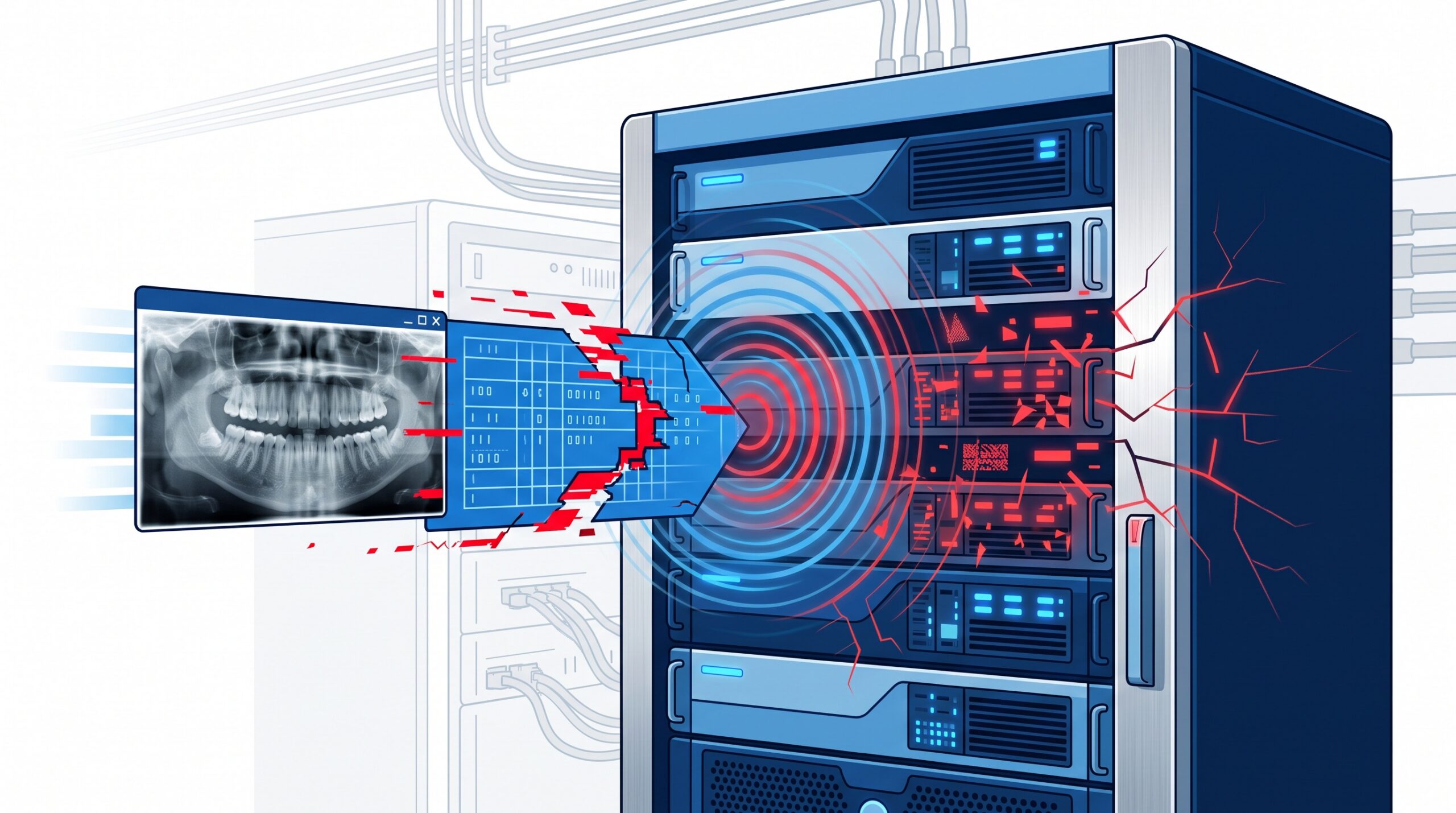 A corrupted X-ray image file rendered as a glitching data packet striking an imaging server and causing it to crash, illustrating the Orthanc DICOM denial-of-service flaw