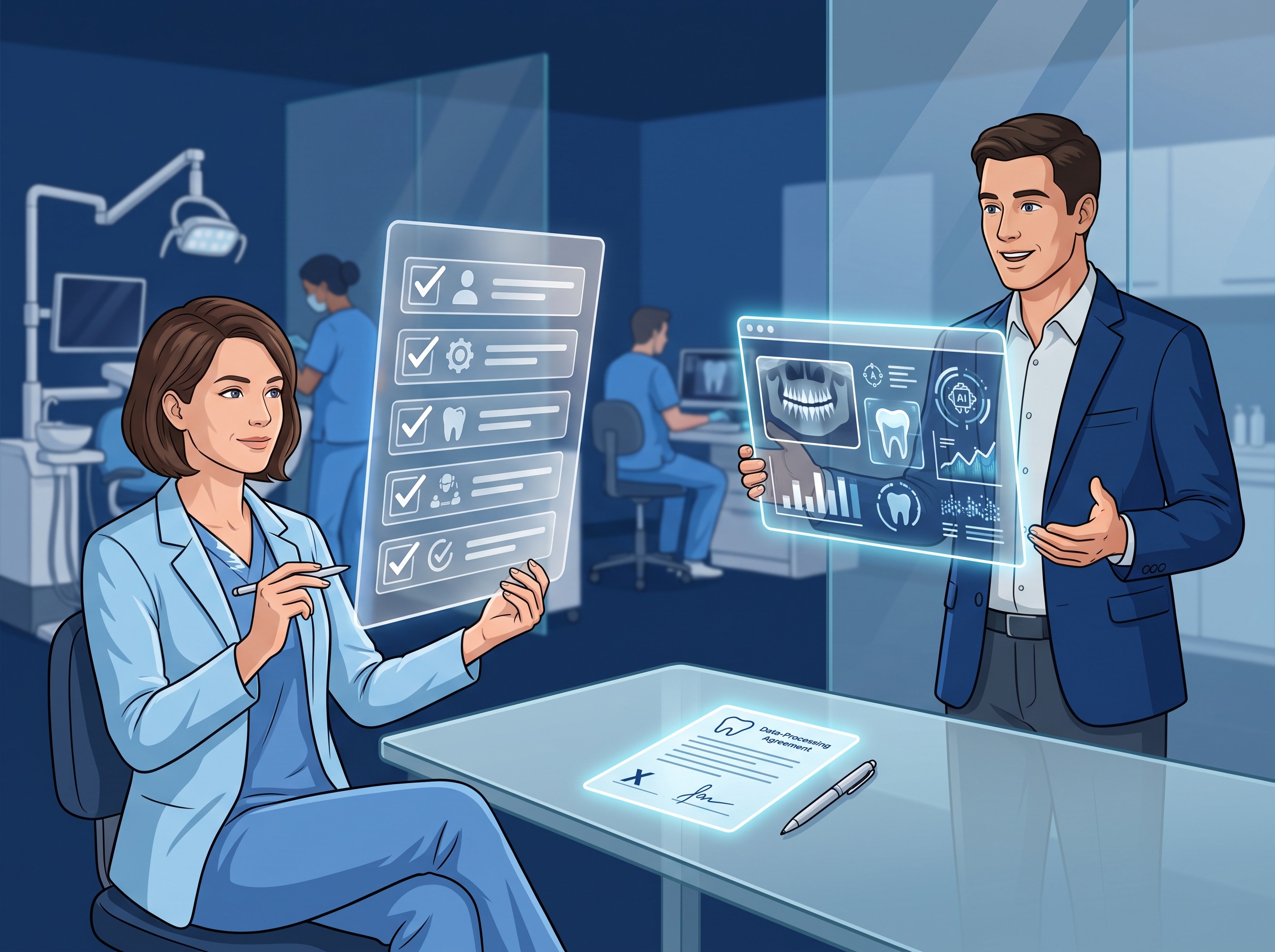 A calm blue practice decision-maker reviewing a checklist across from an AI software vendor, with a data-processing agreement document between them, illustrating vetting an AI imaging tool before adopting it
