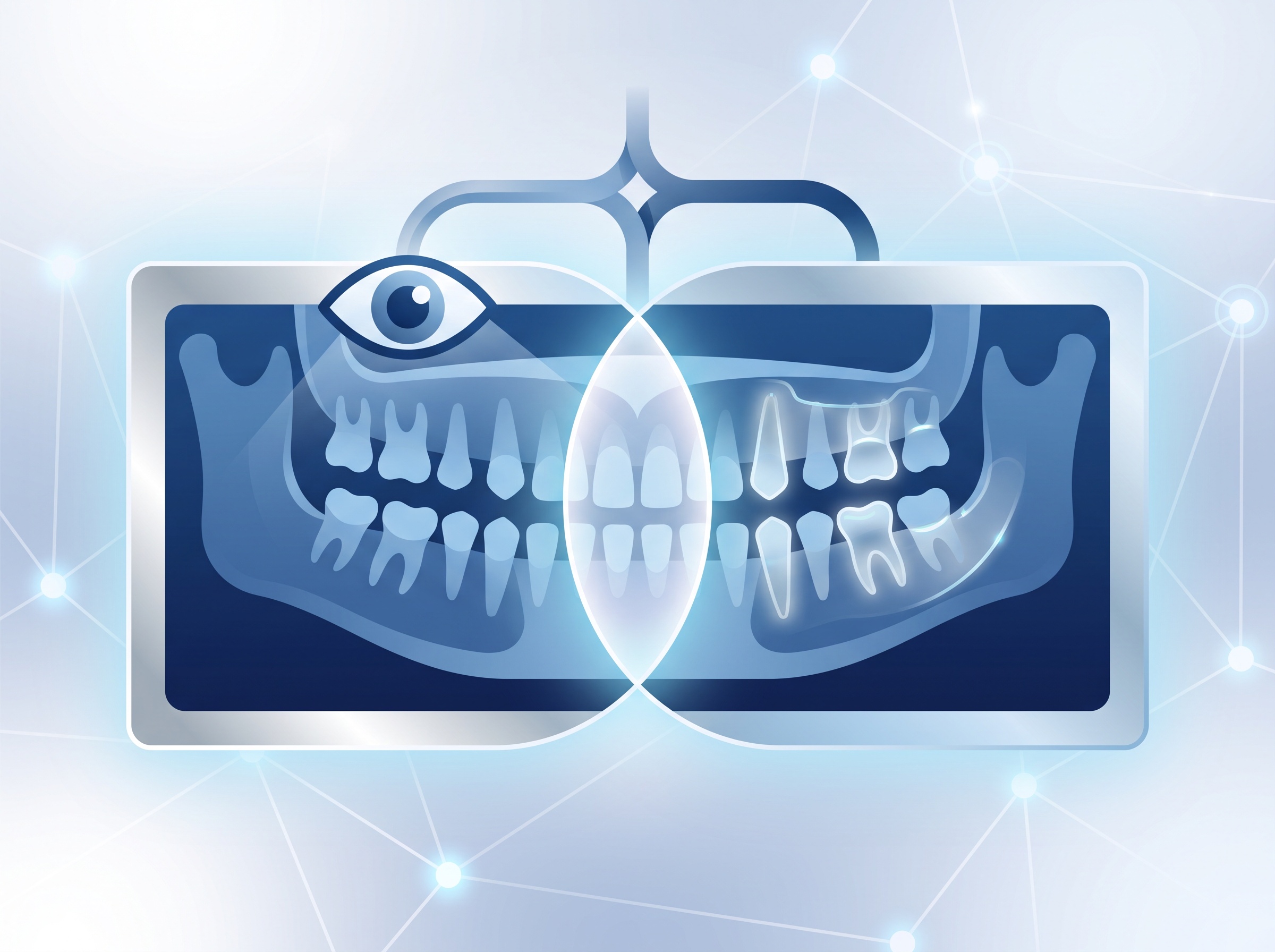 Two overlapping panels of the same blue dental radiograph, one reviewed by a human eye icon and one with an AI highlight overlay, meeting in the middle to show AI and clinician confirming each other