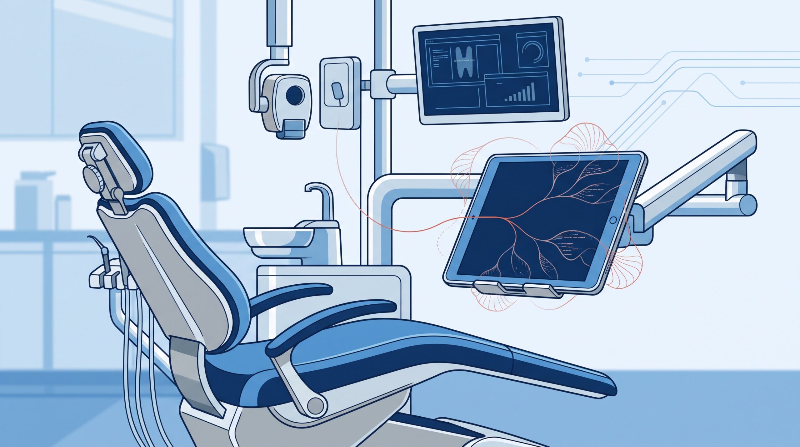 A chairside dental operatory tablet with an abstract red-orange intrusion thread quietly slipping into it and branching into command lines, illustrating Android malware silently taking control of a clinical device