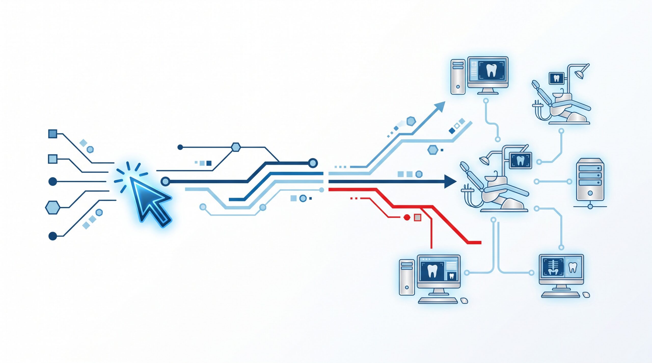 Abstract illustration of a remote-access connection reaching into a dental office network, one strand highlighted red as malicious