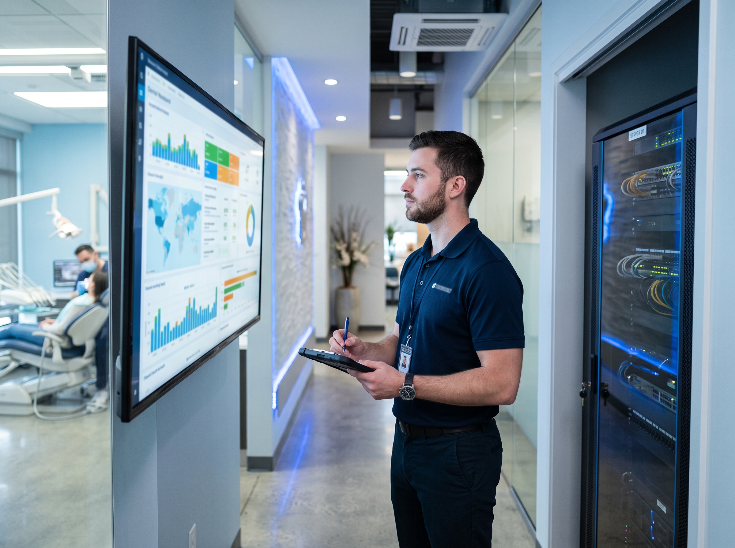 IT technician reviewing a network monitoring dashboard in a dental practice