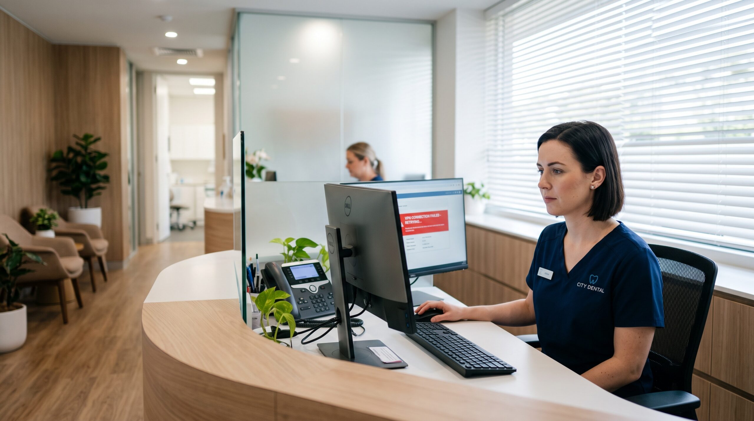Dental practice staff member facing a failed VPN connection on a desktop computer