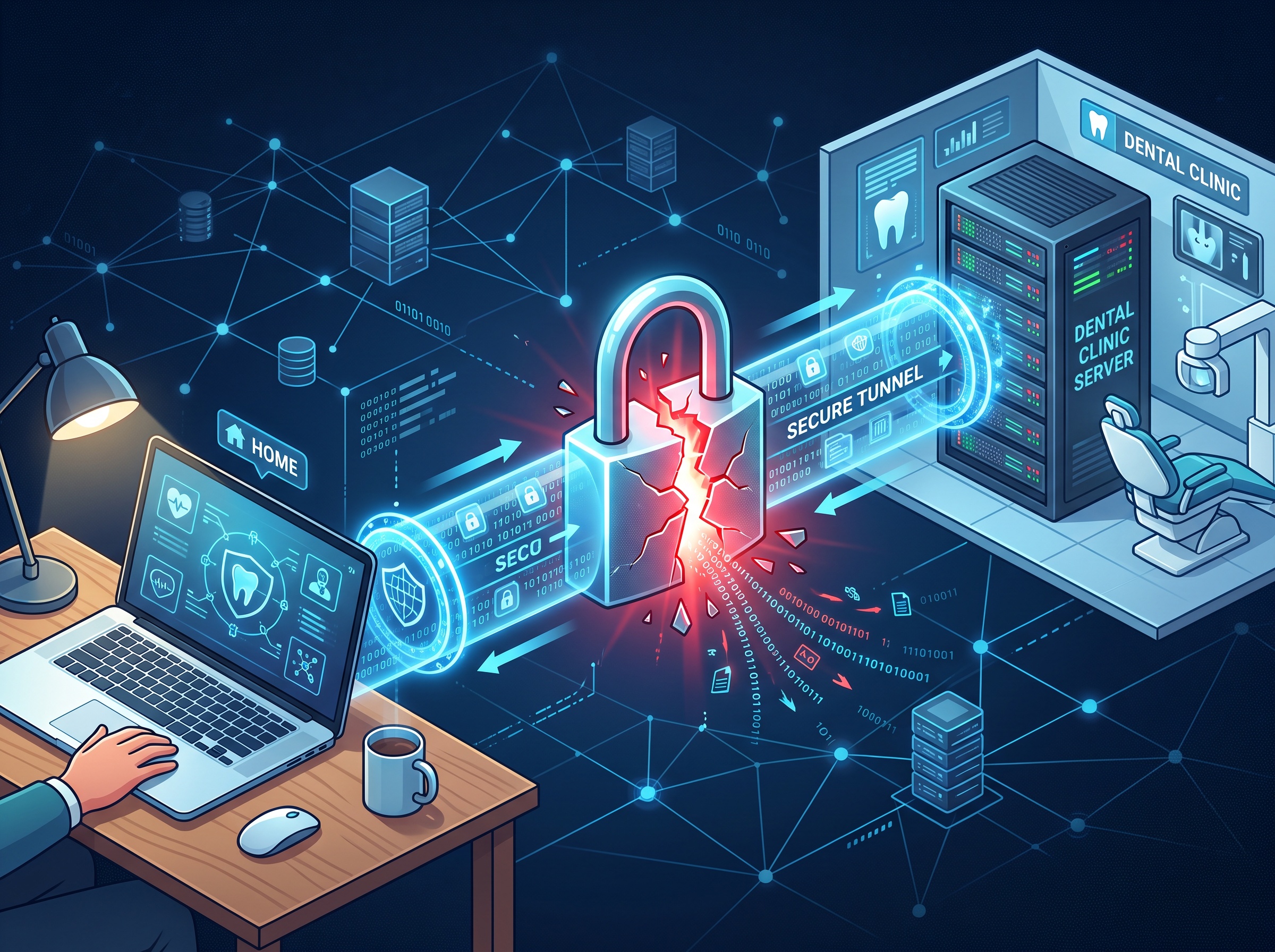 Illustration of an encrypted VPN tunnel with a break in the middle representing a failed connection