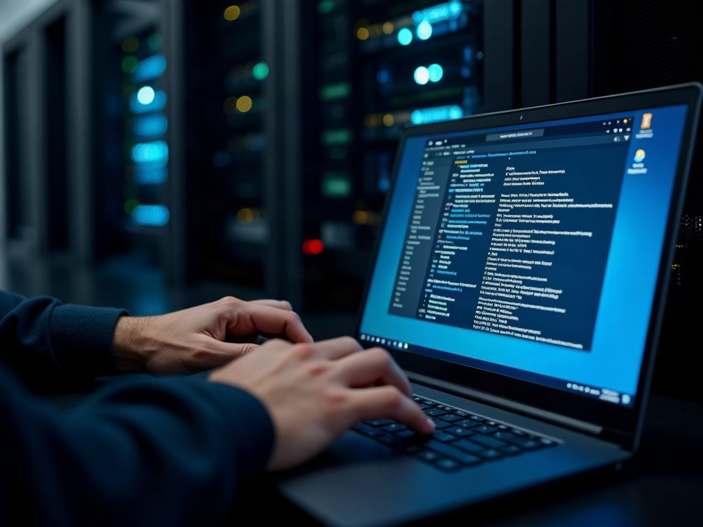 IT technician reviewing Windows Update history on a laptop in a server room