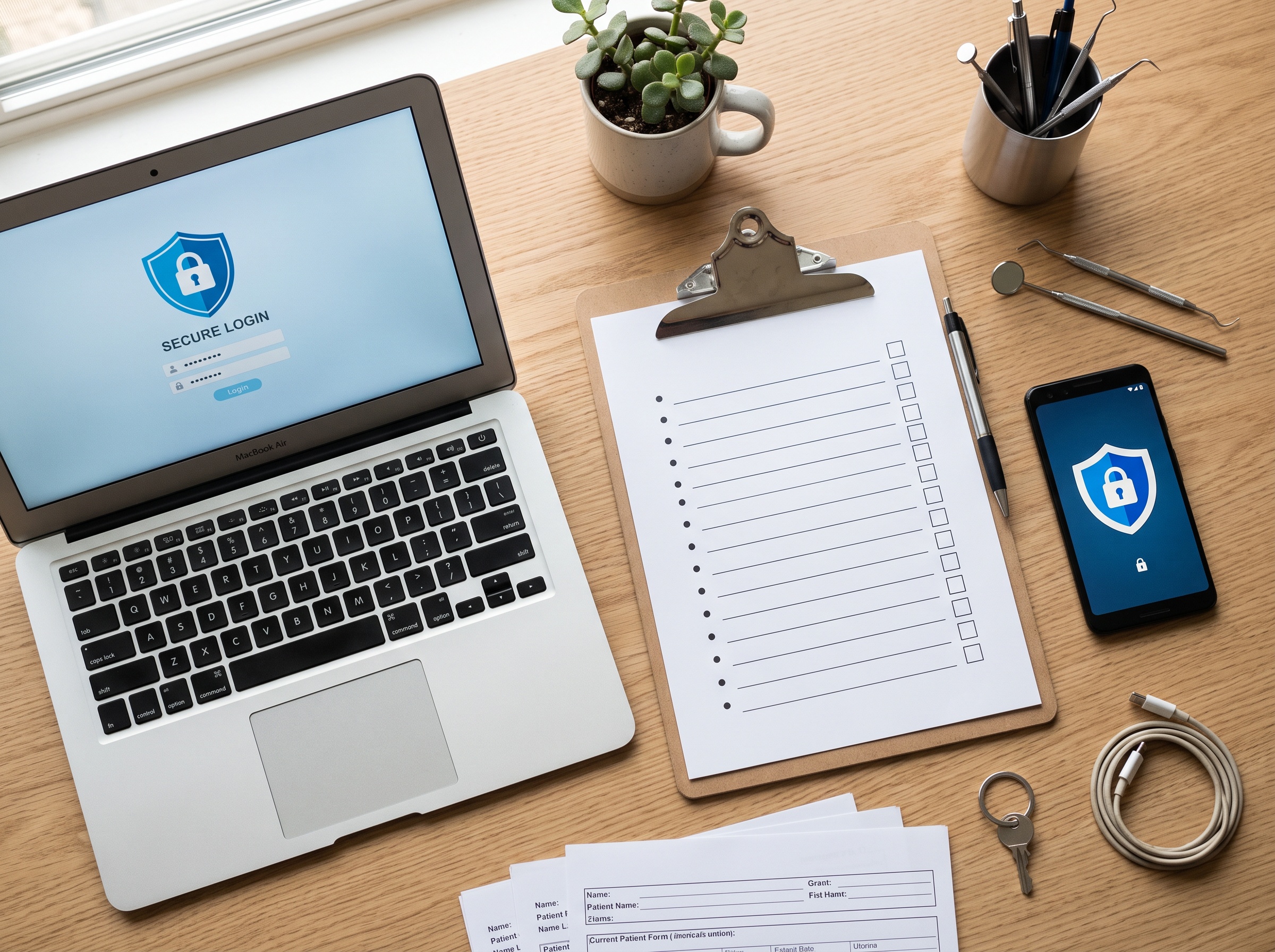 A remote-access security checklist on a desk beside a laptop and phone