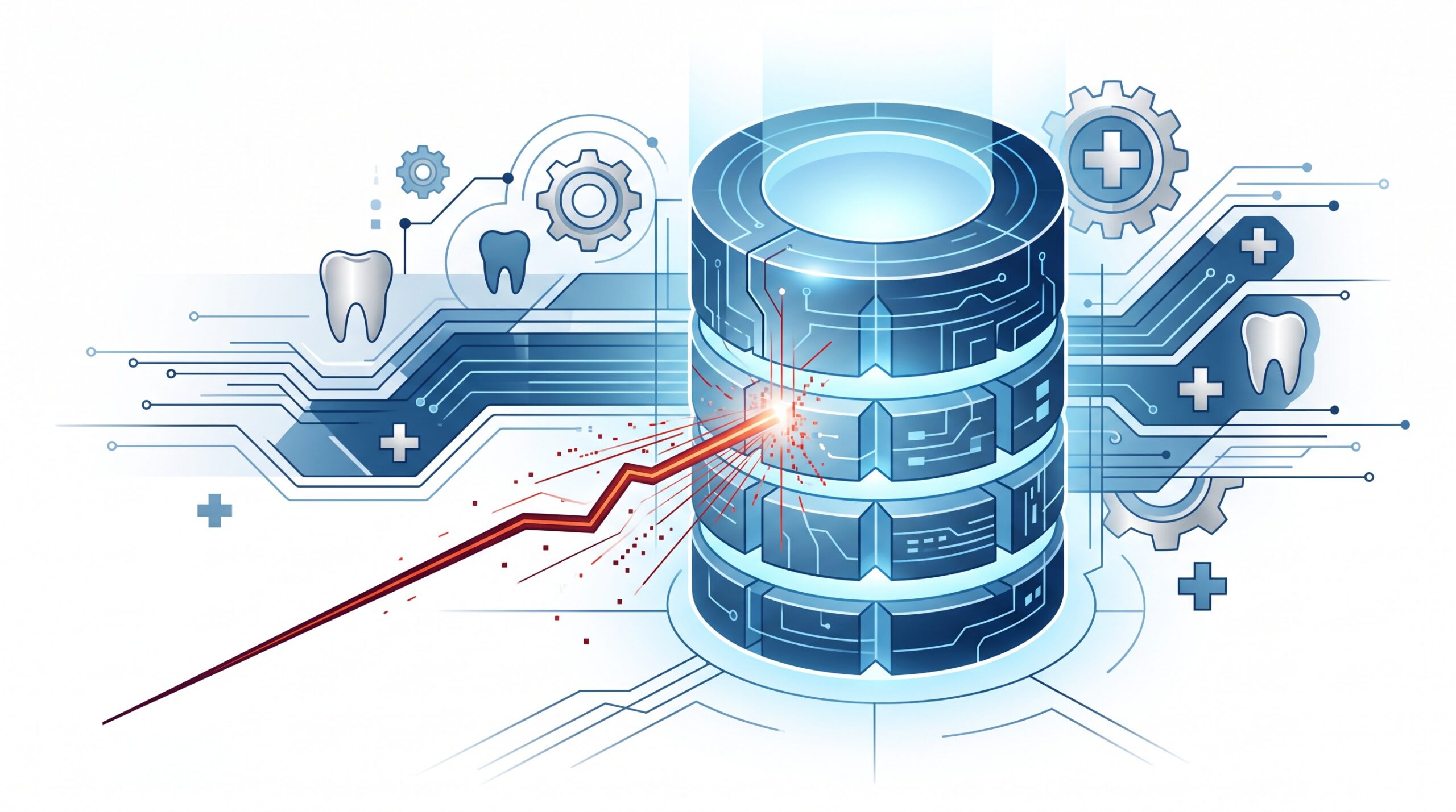 Abstract illustration of a patient database being breached through a data-injection stream