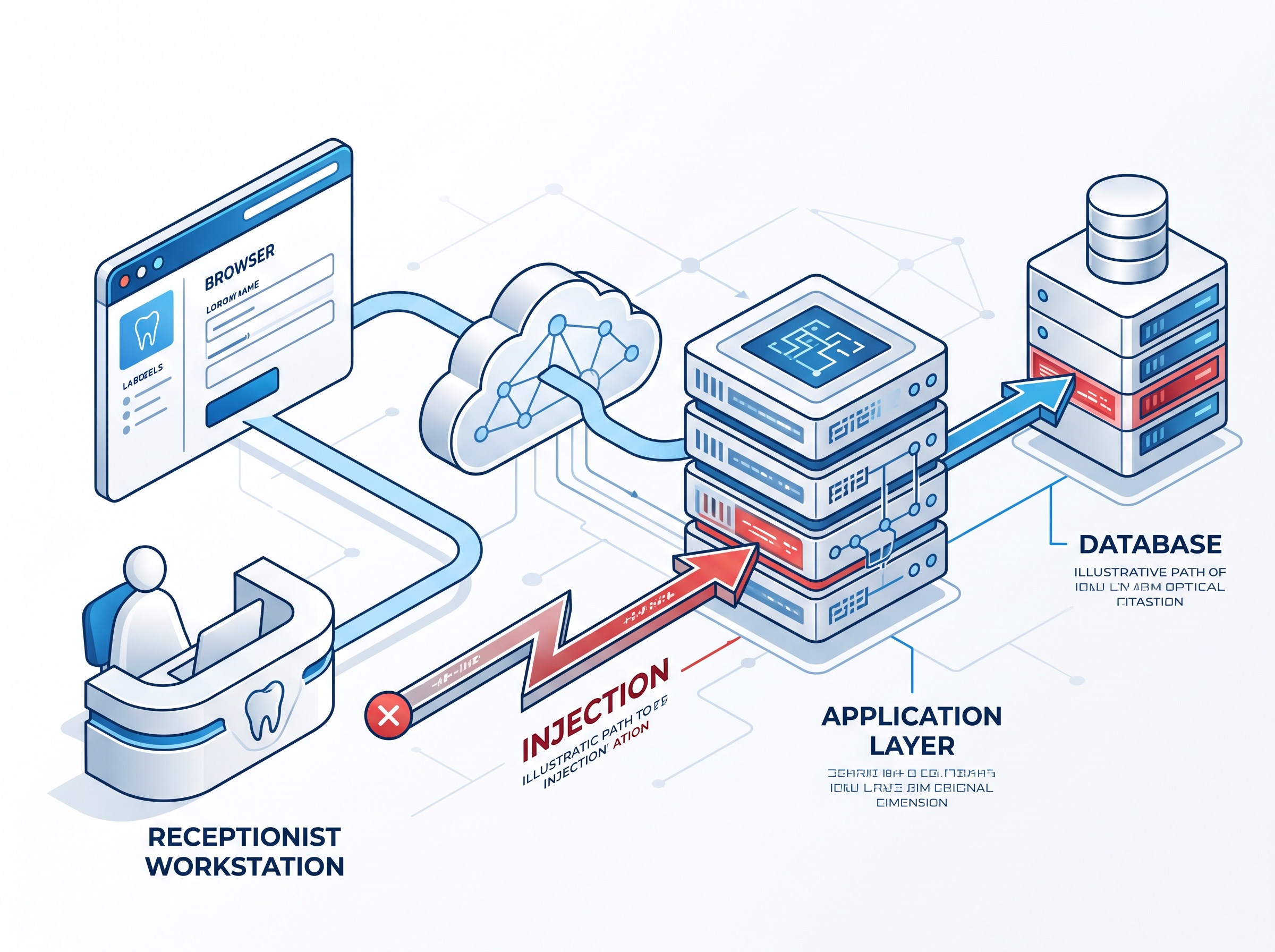 Diagram of how a web request can carry an SQL injection attack from a workstation to the database