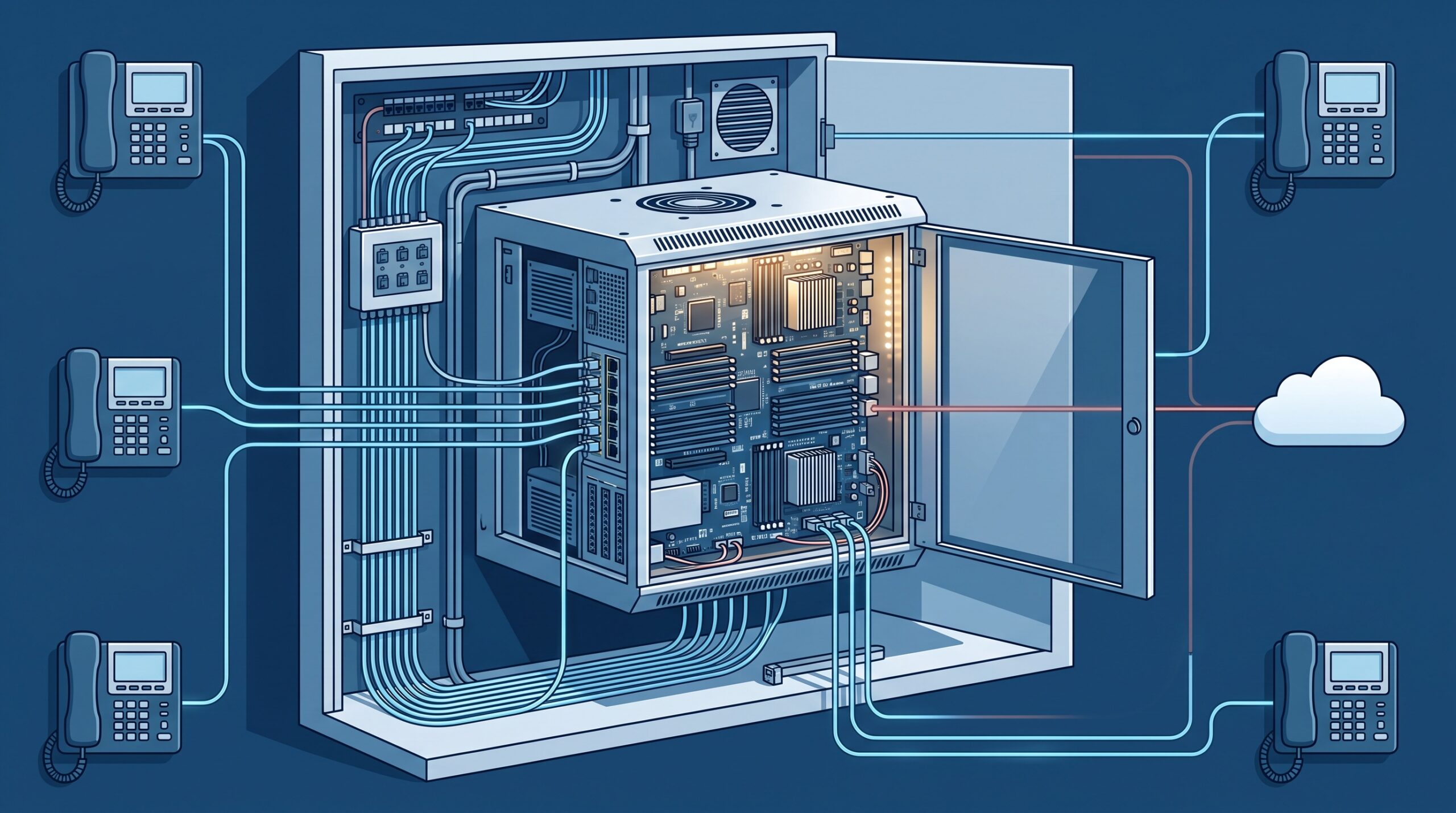 A dental office VoIP phone appliance in a wiring closet opened to reveal a server inside, with an intruder line reaching it directly from the internet with no lock