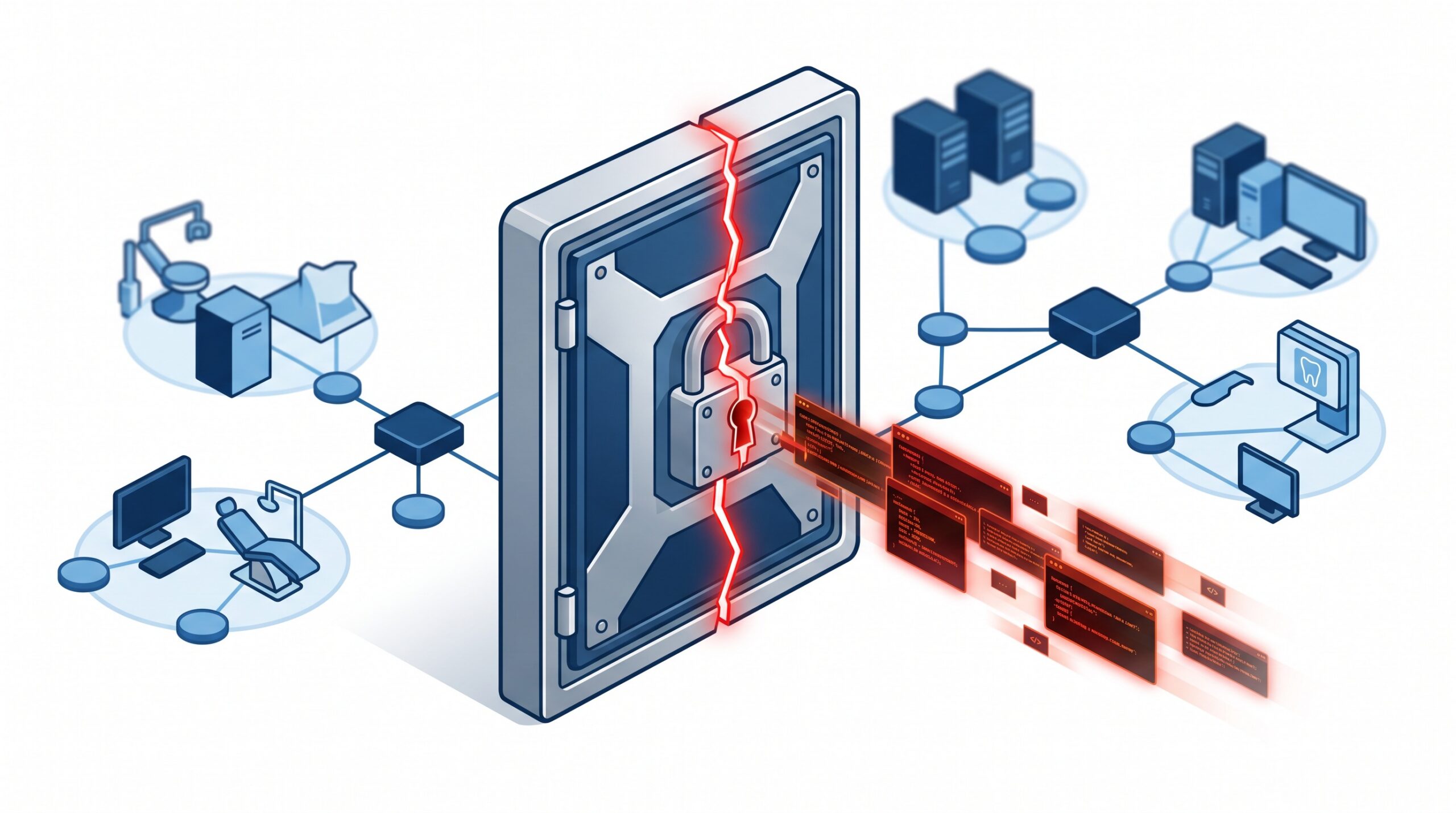 A firewall drawn as a cracked gateway at the edge of a practice network, with malicious traffic slipping past the broken lock toward interior systems