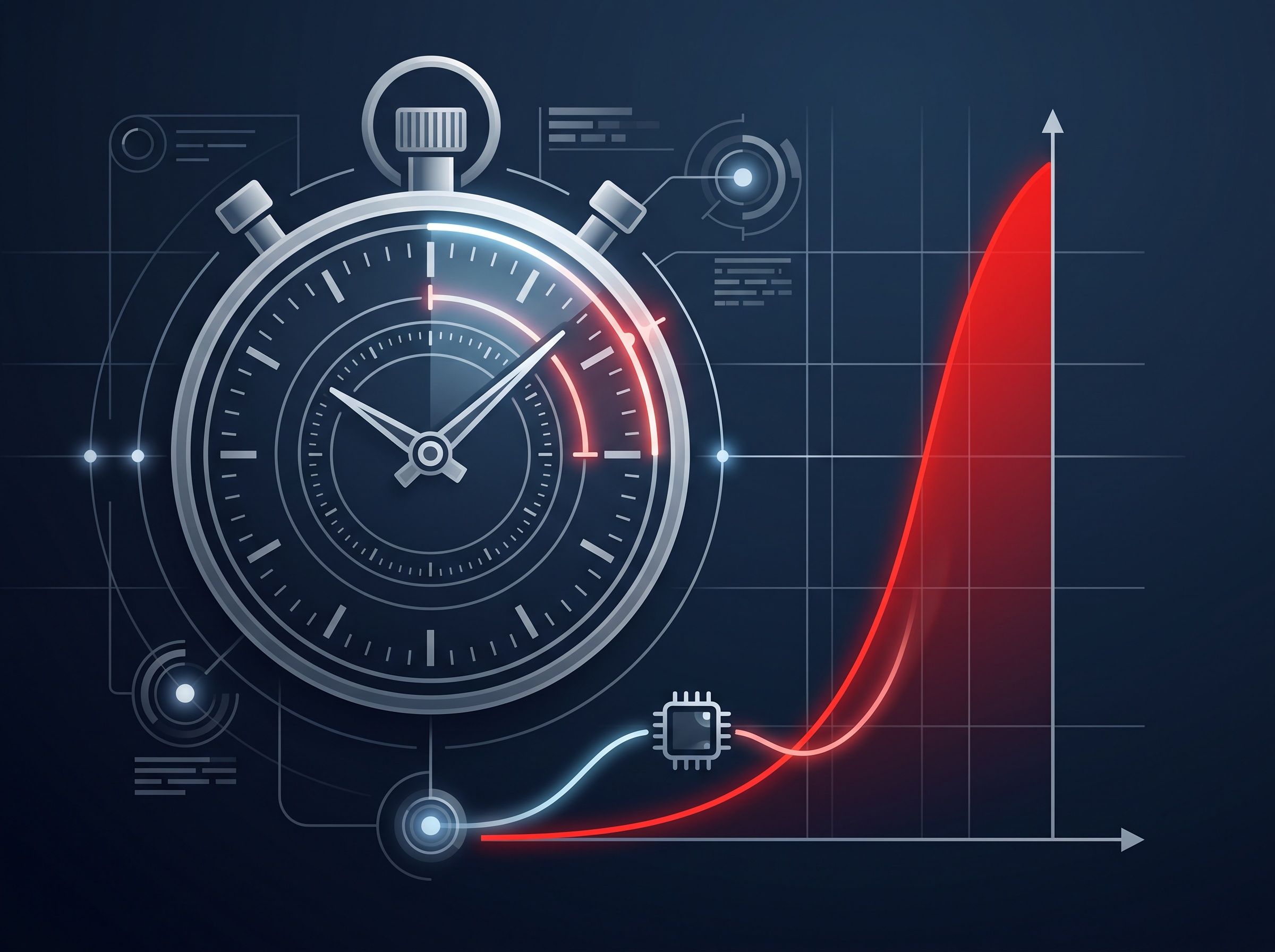 A stopwatch beside a sharply rising attack-traffic curve representing exploitation within five hours of disclosure