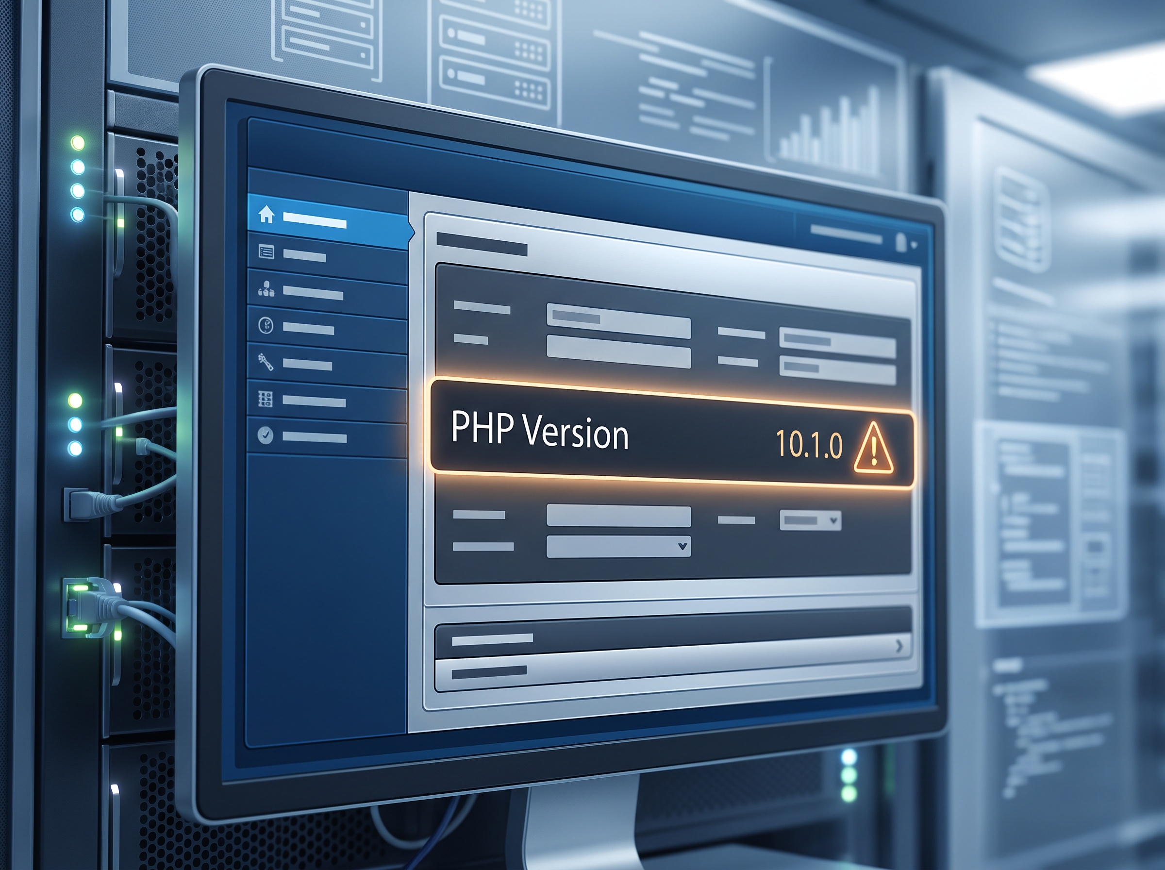 A web hosting control panel highlighting an outdated PHP version with a warning icon