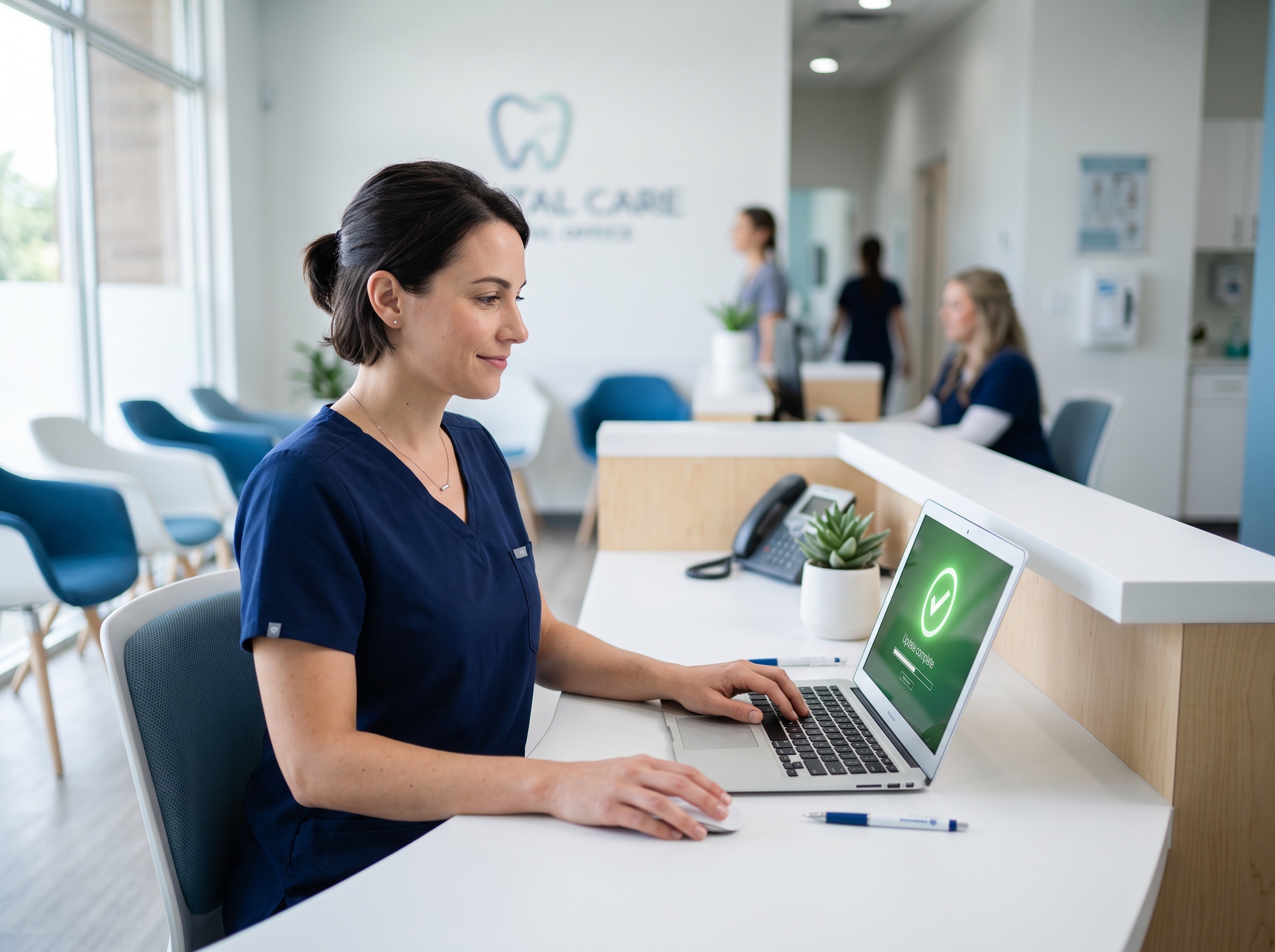 A practice manager applying a website software update on a laptop in a dental office