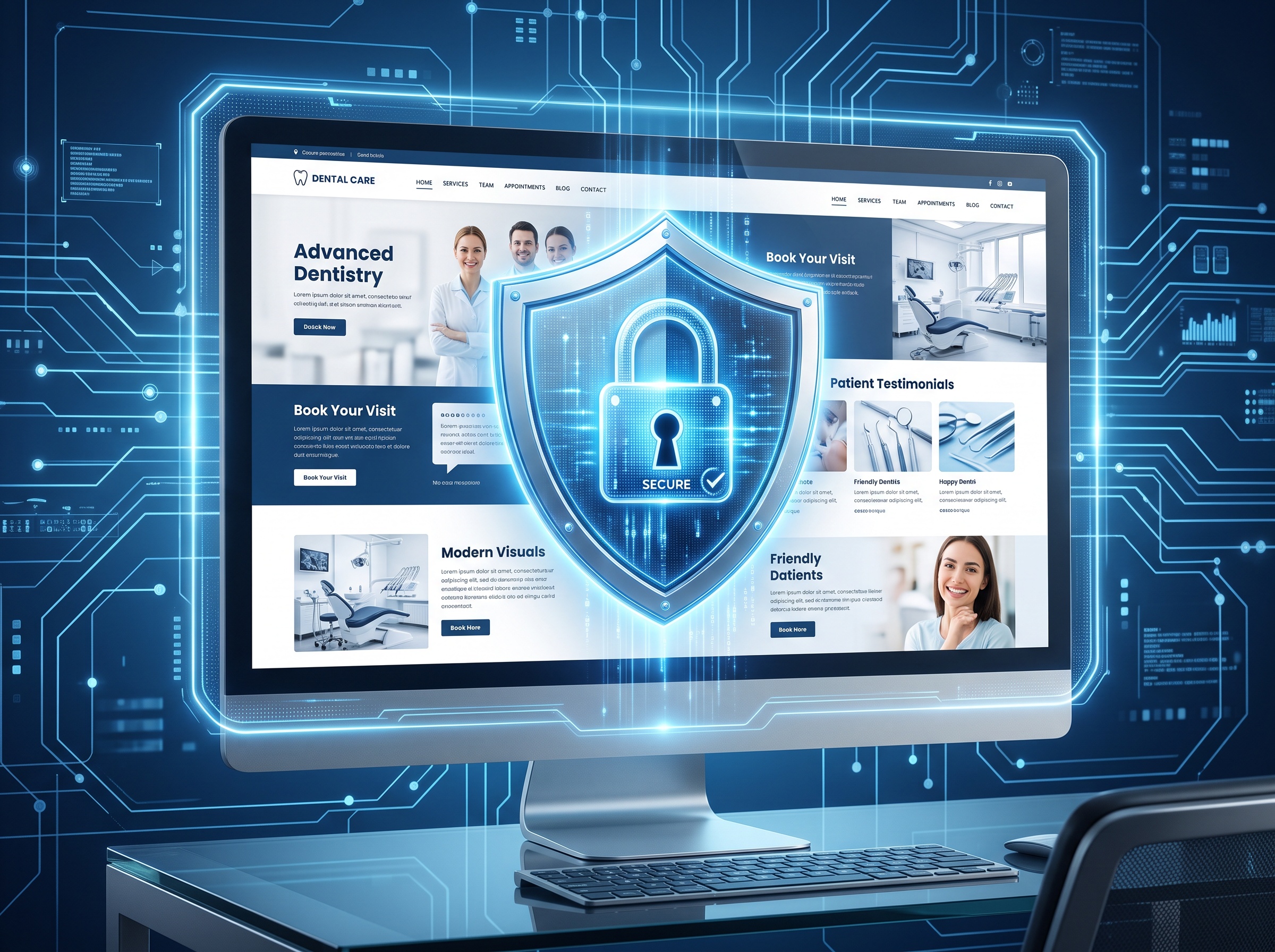 A dental practice website protected by a shield and padlock icon representing a secured site