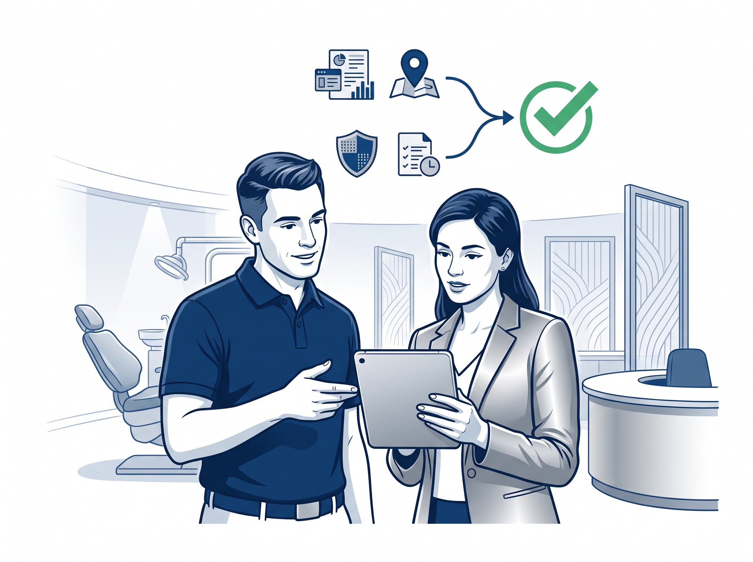 An IT professional and practice manager assembling charting template, retention policy, state-rule and audit-log into a compliant set