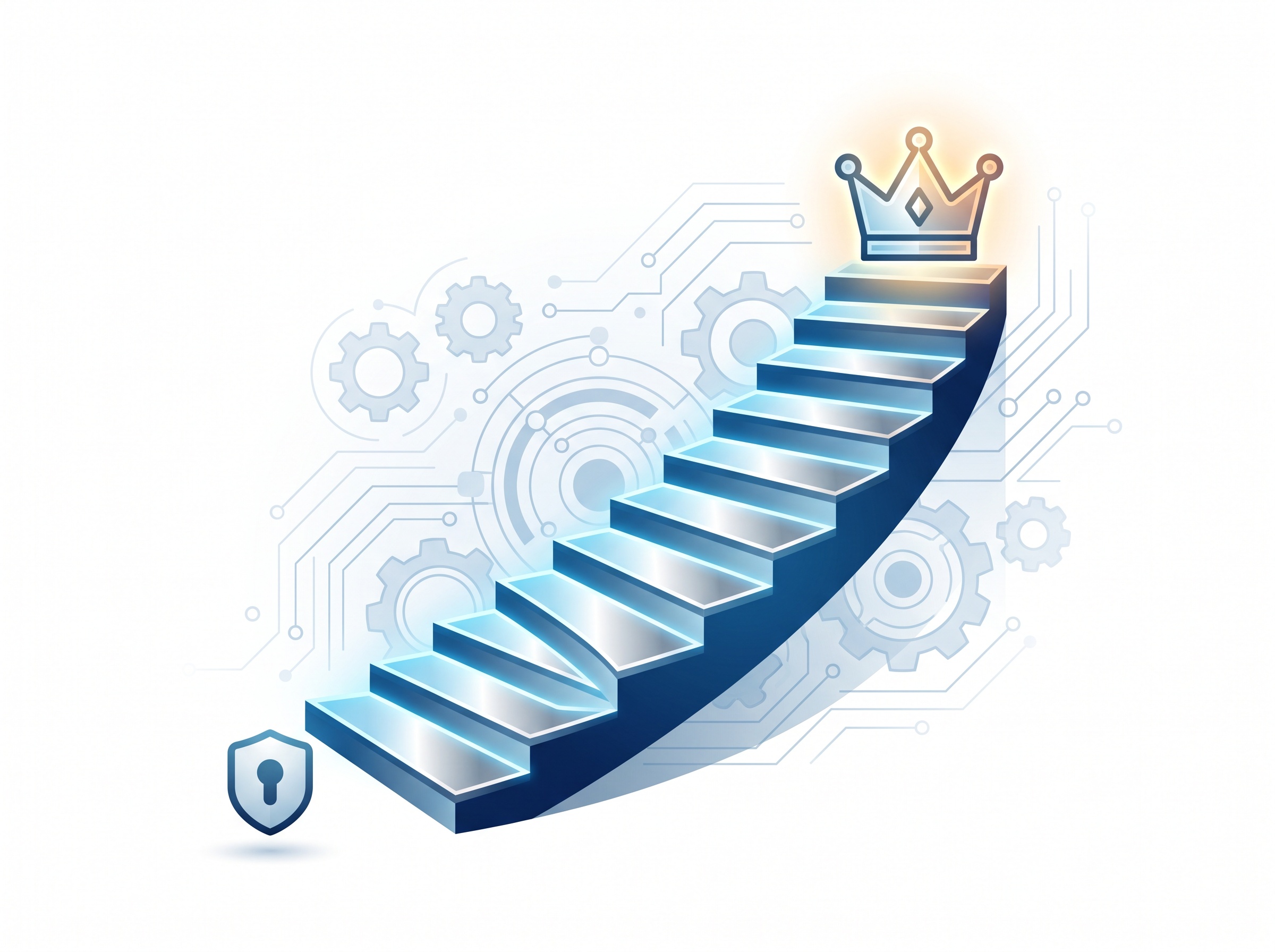 A low-level user account climbing a staircase of light up to an administrator crown, representing privilege escalation