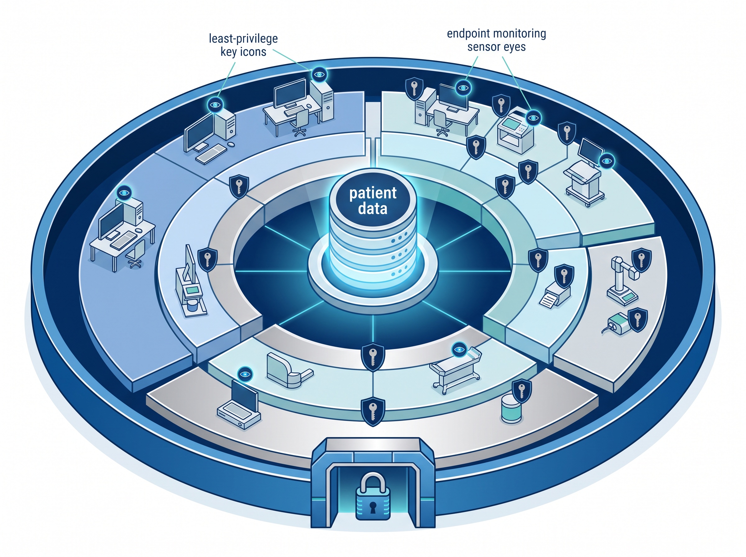 Concentric defence layers around patient data: firewall, segmented zones, endpoint monitoring, and least-privilege keys