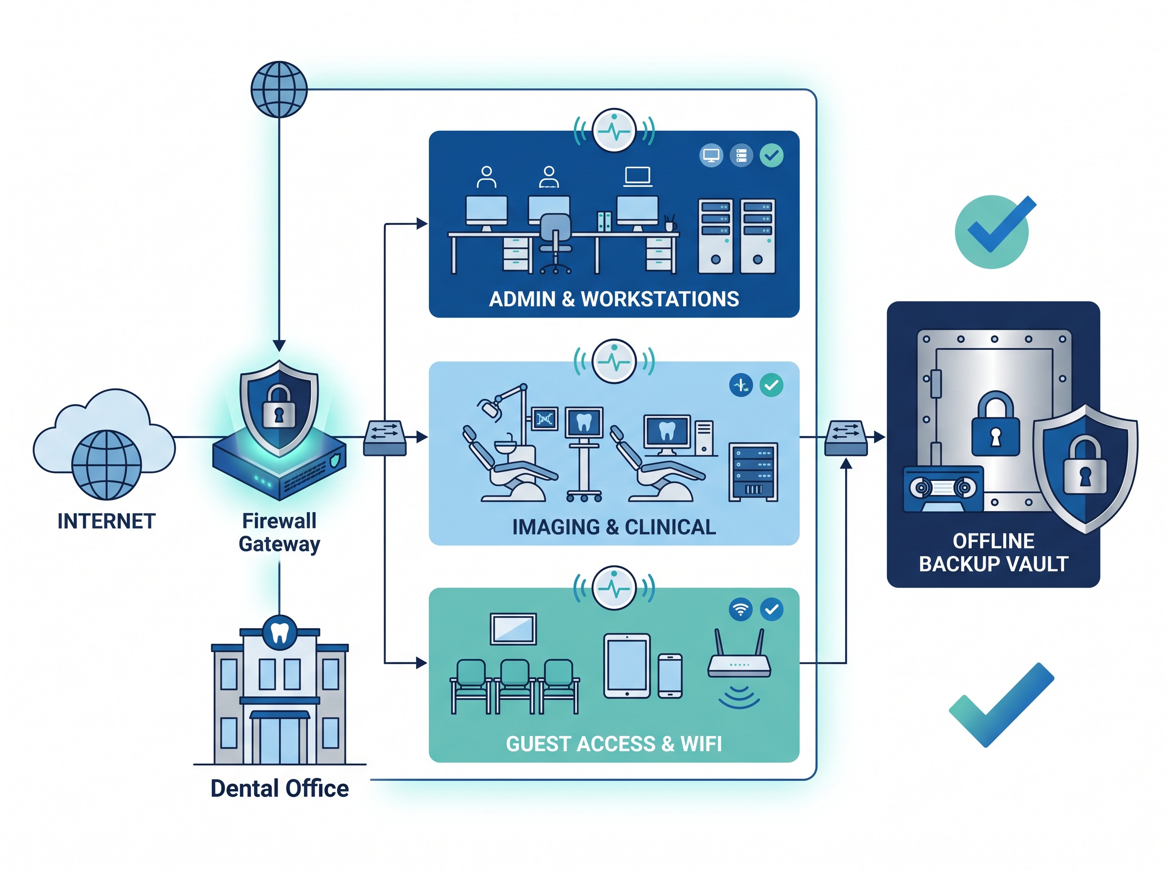 A dental network with a firewall, segmented zones, internal monitoring sensors, and an offline backup vault