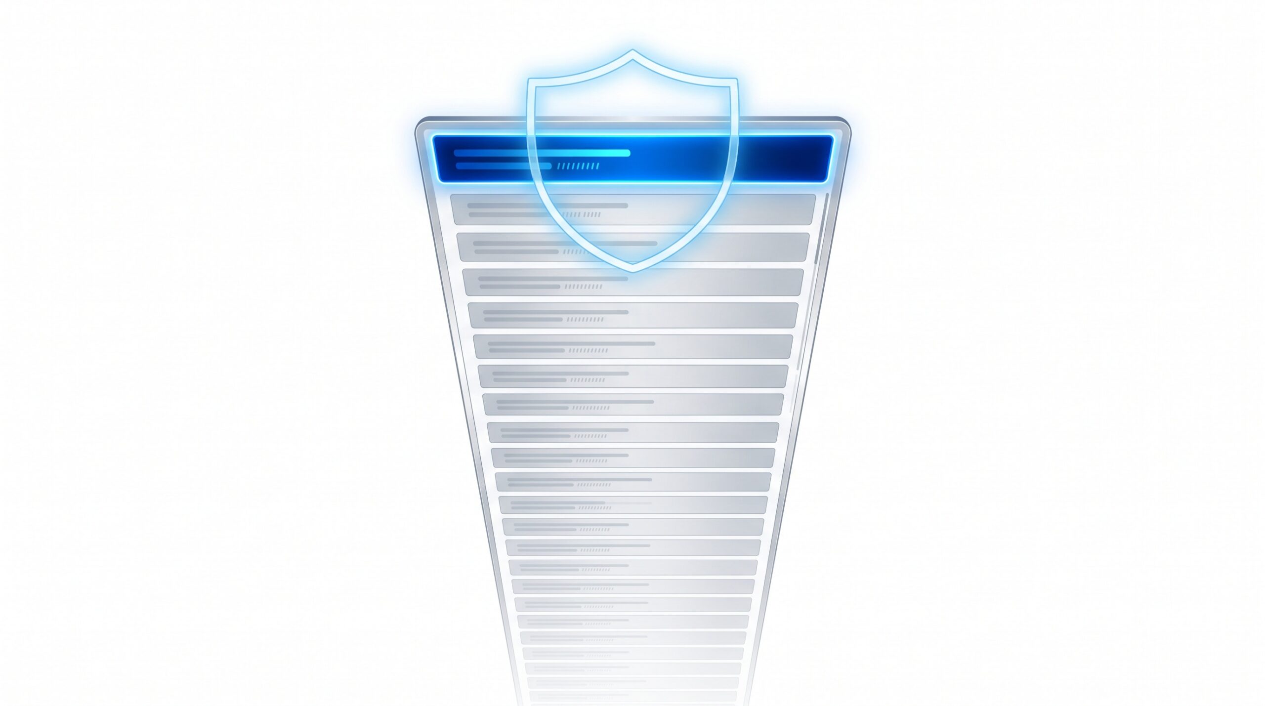A single blue highlighted row lifted to the top of a long silver list of faded entries, representing a prioritized vulnerability