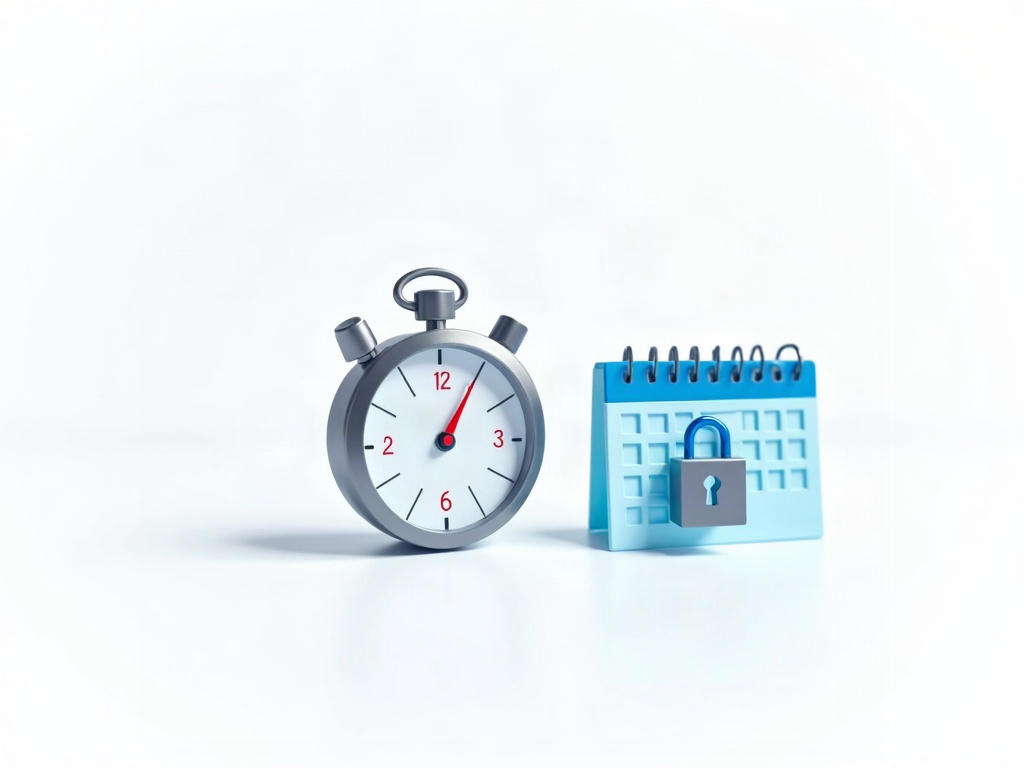A silver stopwatch and a blue calendar showing a few days, with a lock turning from blue to red