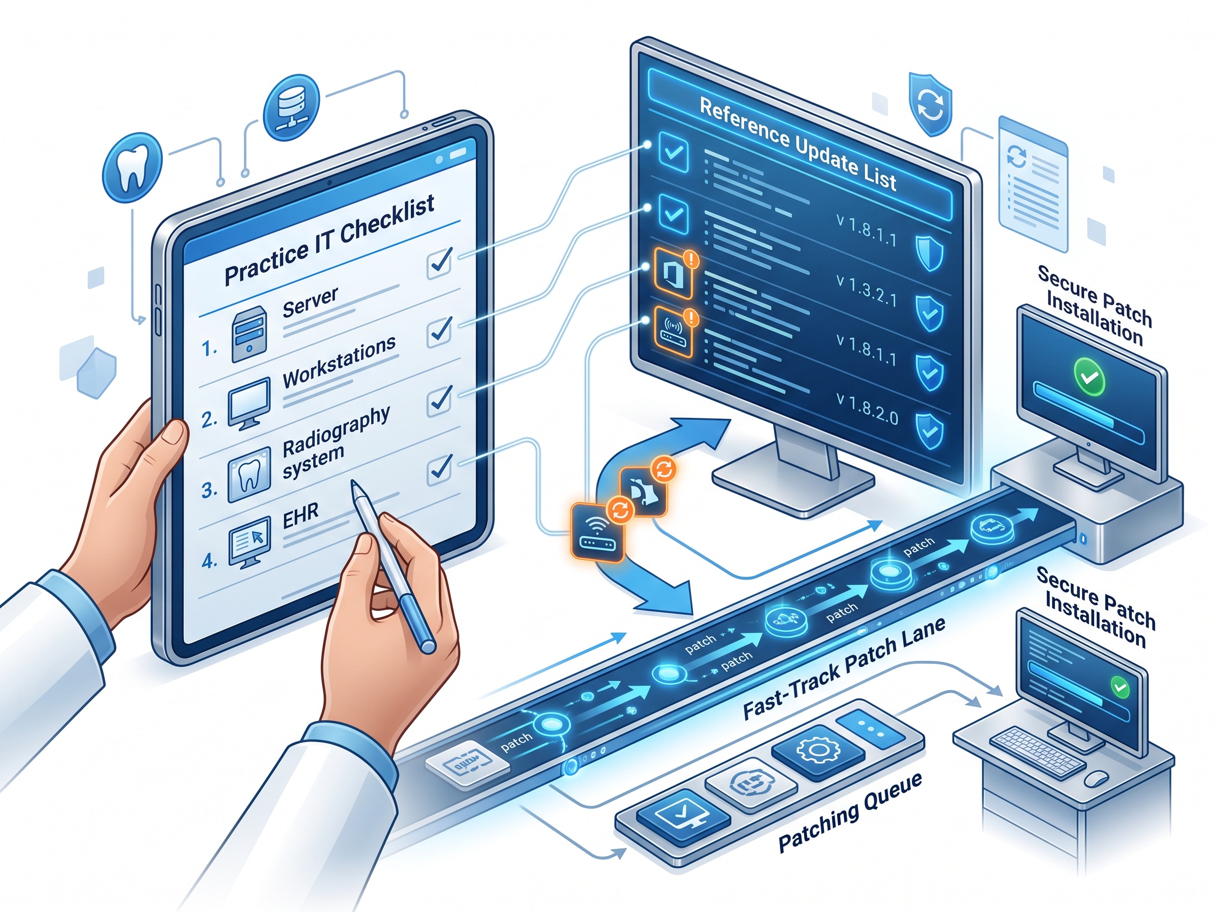 An orderly workflow matching a practice IT inventory against a blue reference list and fast-tracking a few flagged items