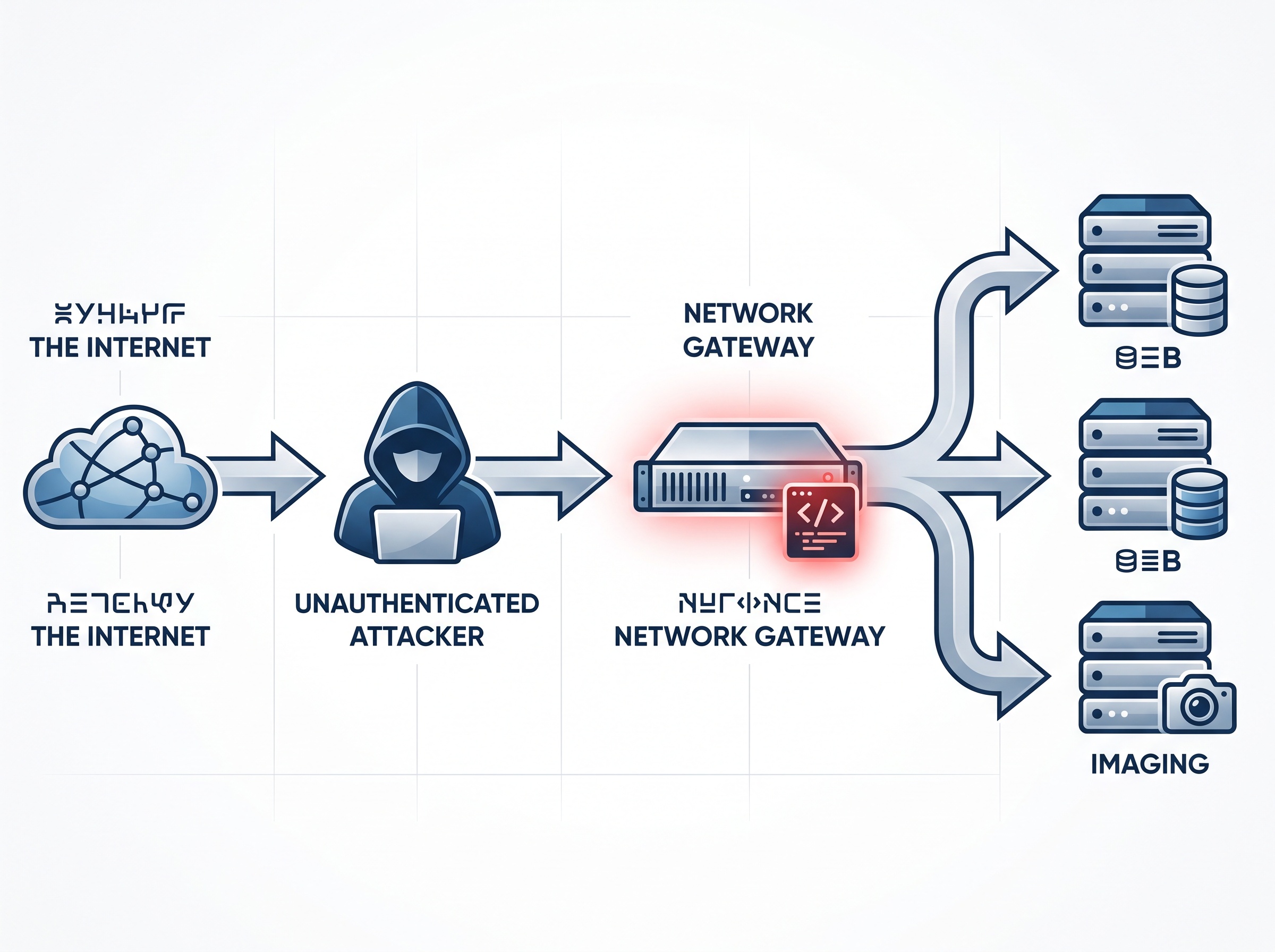Diagram of an unauthenticated attacker reaching a gateway appliance, planting a webshell, and fanning out to internal servers