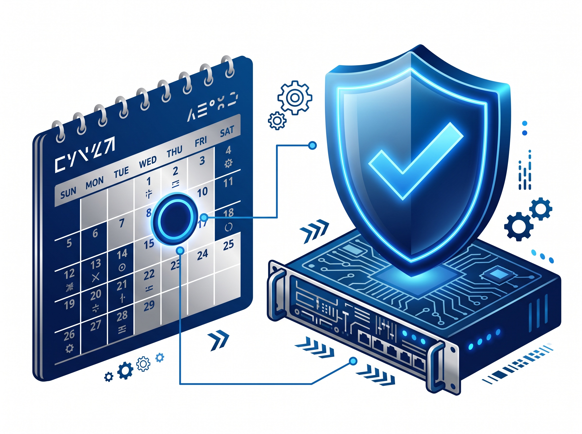 A highlighted deadline on a calendar beside a patched gateway appliance with a shield and checkmark