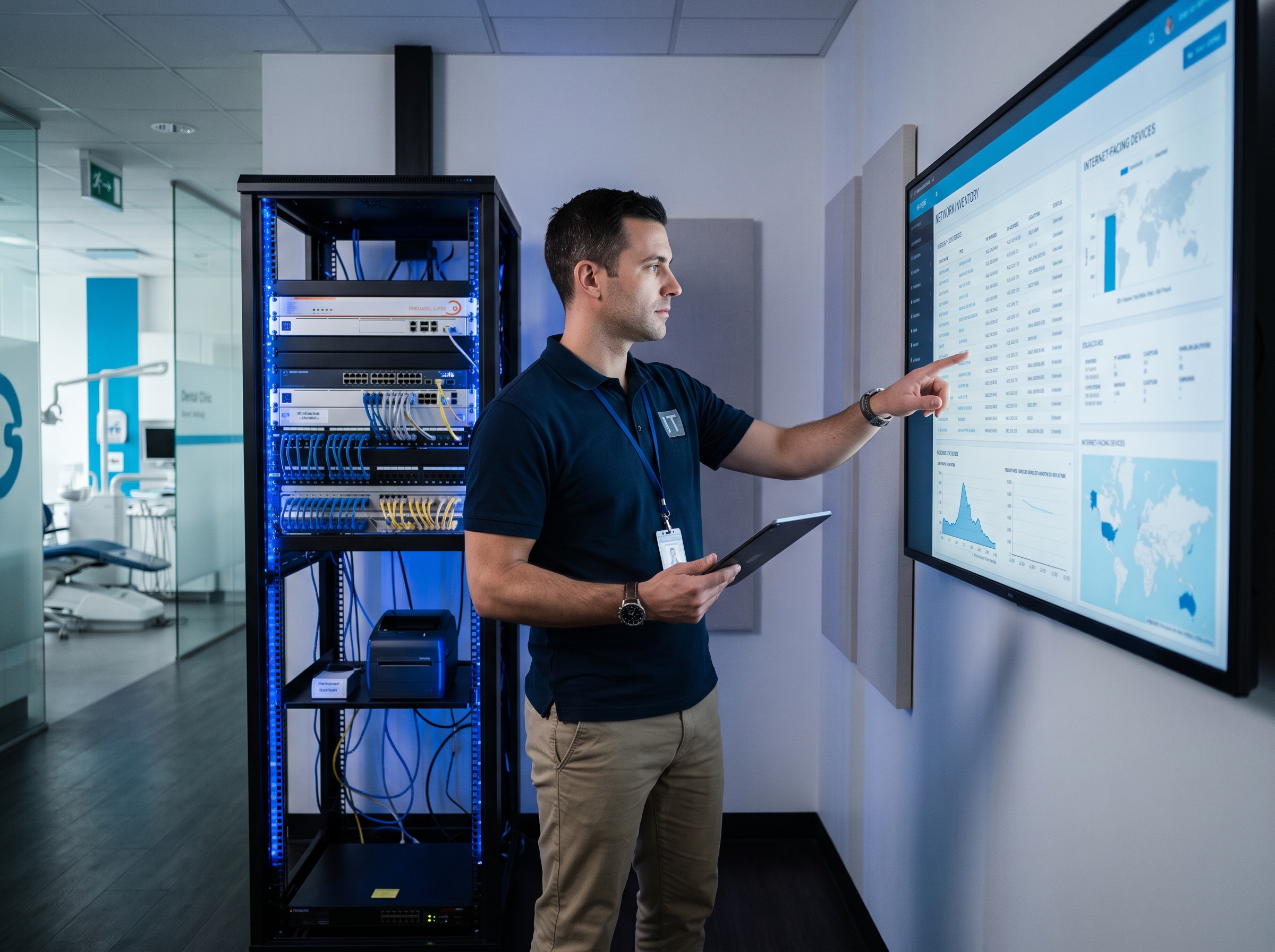 IT technician reviewing an inventory of internet-facing network devices in a dental practice