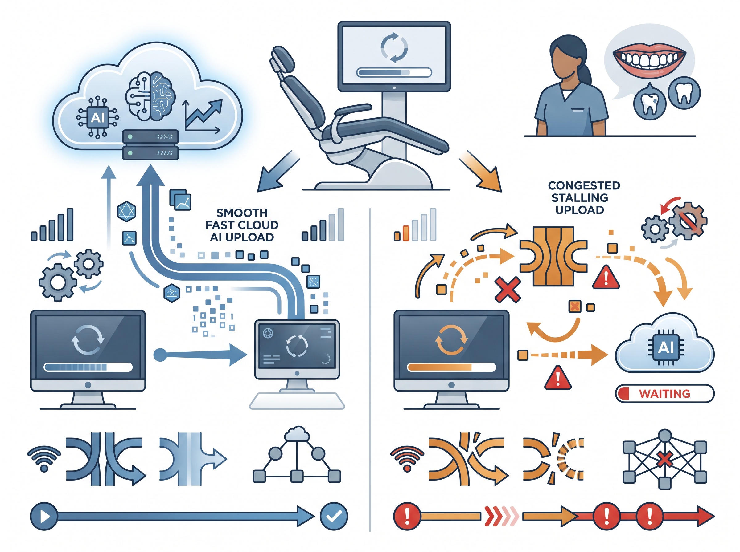 A fast cloud upload over a strong business connection beside a stalling upload over a weak link, with a chairside monitor waiting for AI results