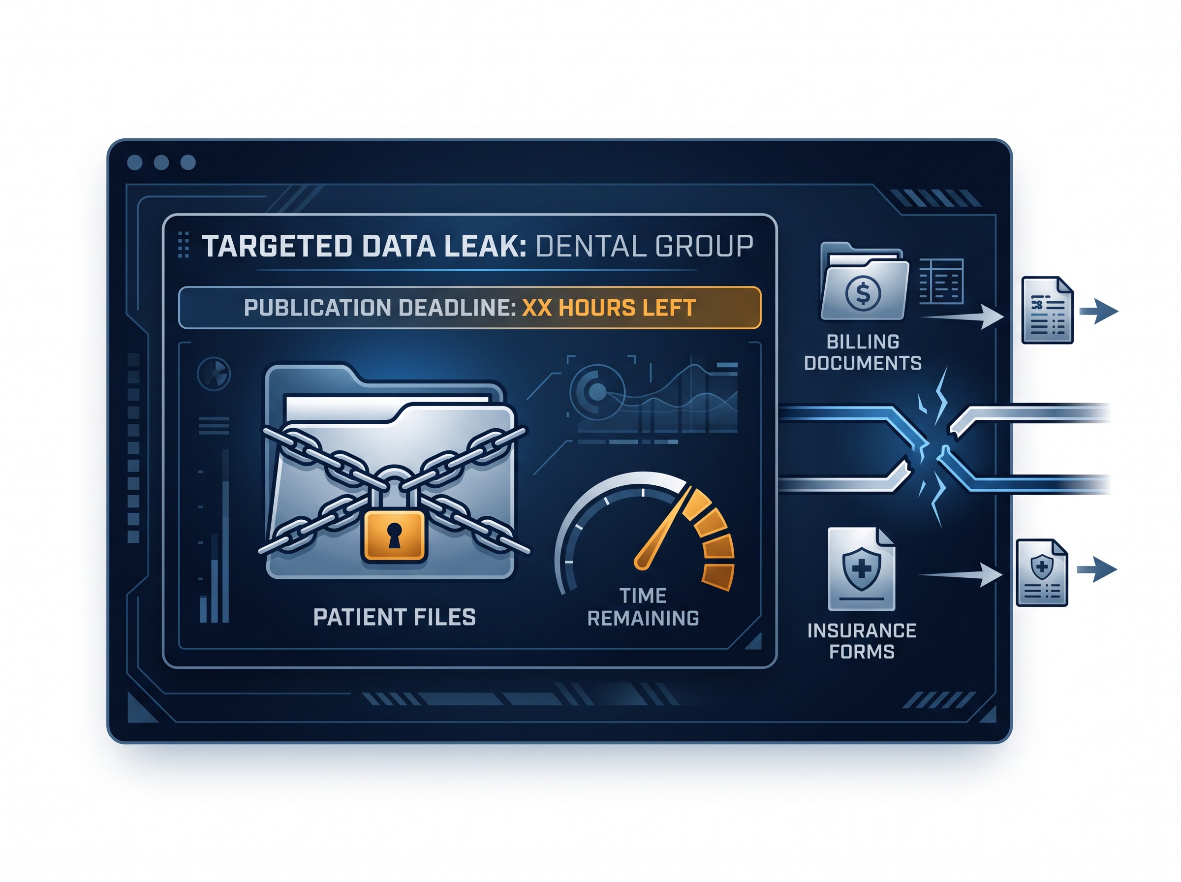 An abstract ransomware leak-site listing showing stolen dental patient records and billing documents