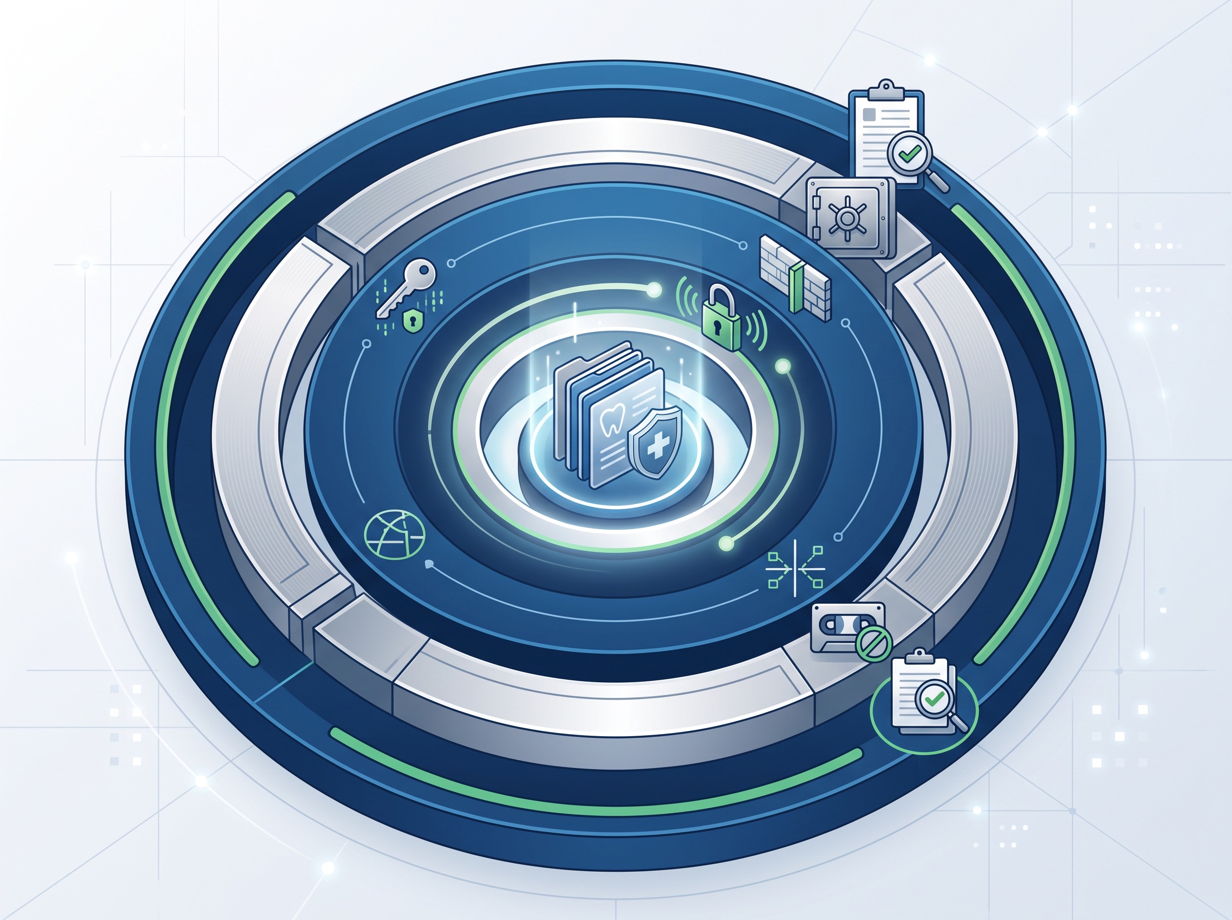 Concentric layers of security and compliance protecting a dental practice's patient data