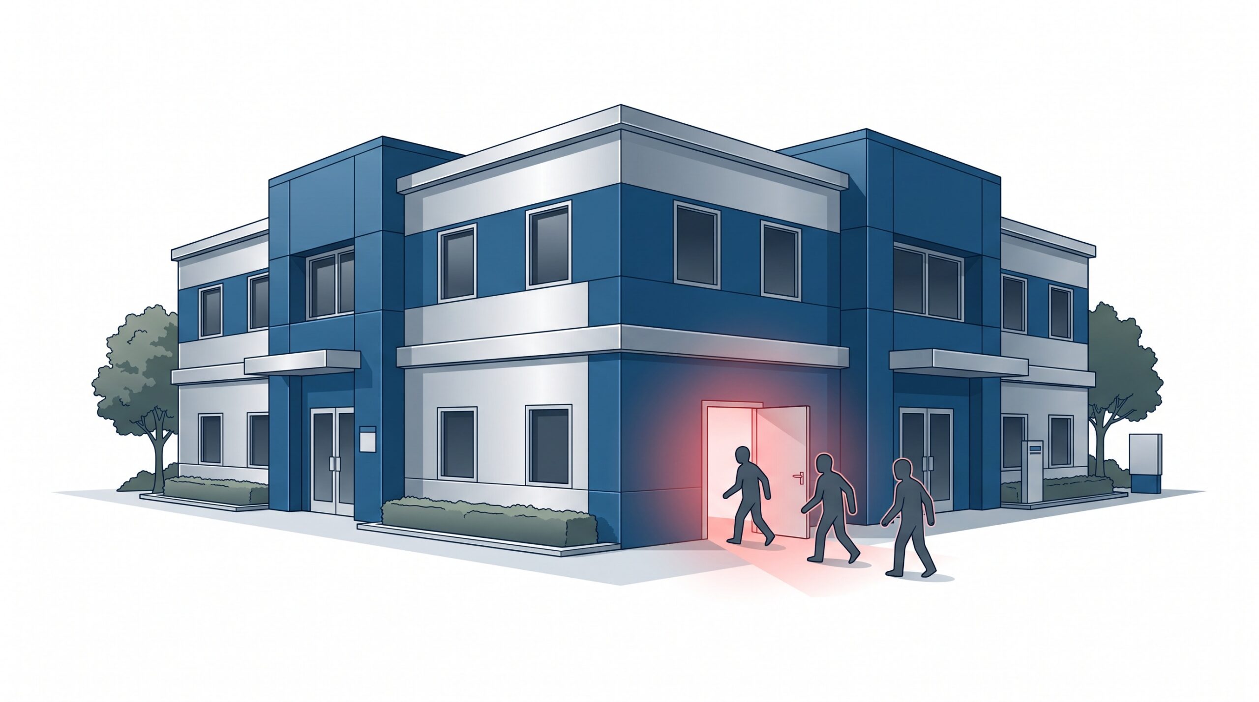 A blue and silver dental practice building with every entrance closed except one small open door glowing faint red