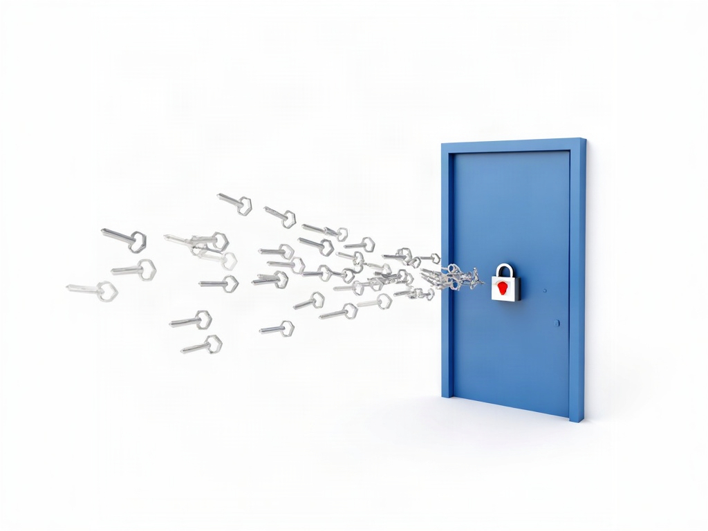 A stream of grey keys thrown rapidly at a single silver lock on a blue door, with keys piling up