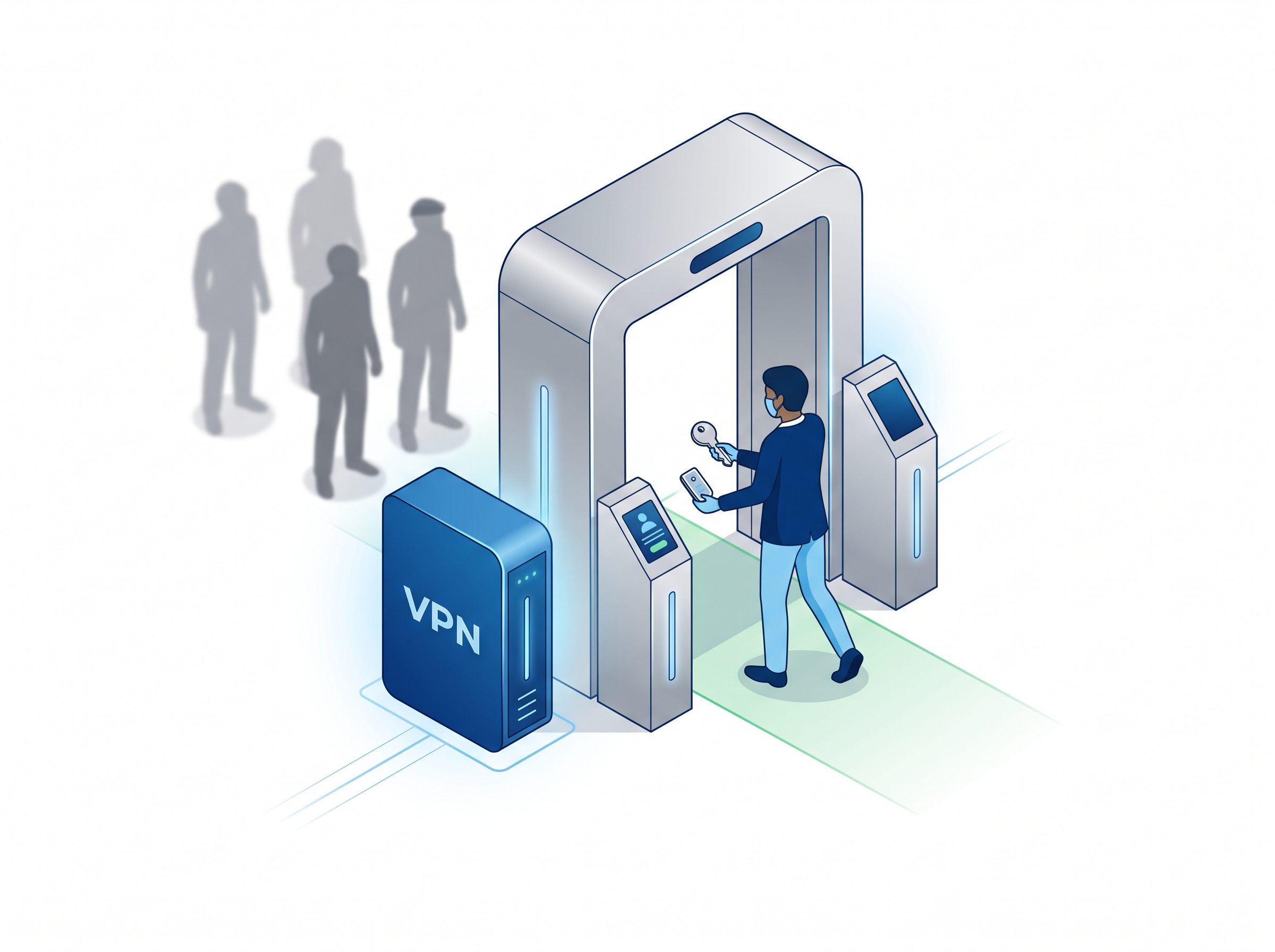 A silver VPN checkpoint in front of a blue server letting one verified figure through with a key and a second token while others are stopped outside