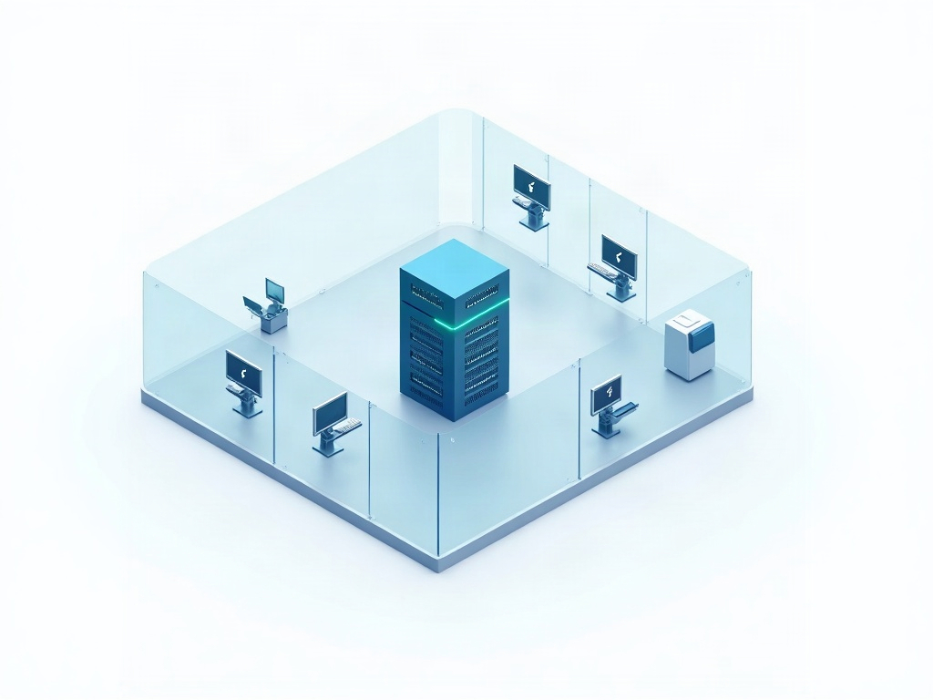 A blue practice server inside its own walled zone, separated by internal walls from zones holding front-desk computers and imaging devices