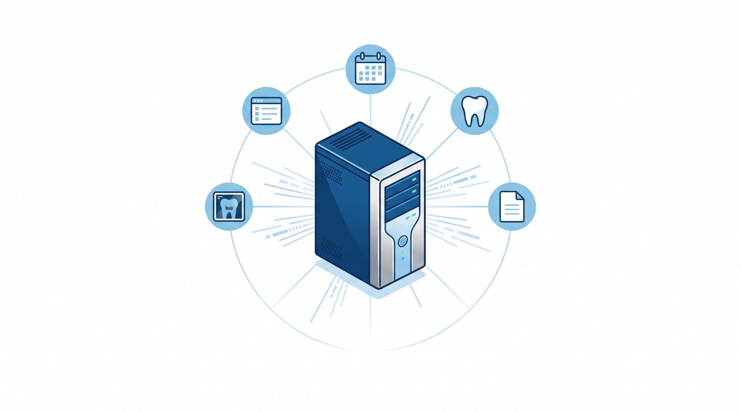 A blue and silver practice server at the centre with connection lines reaching out to calendar, tooth, document and x-ray icons