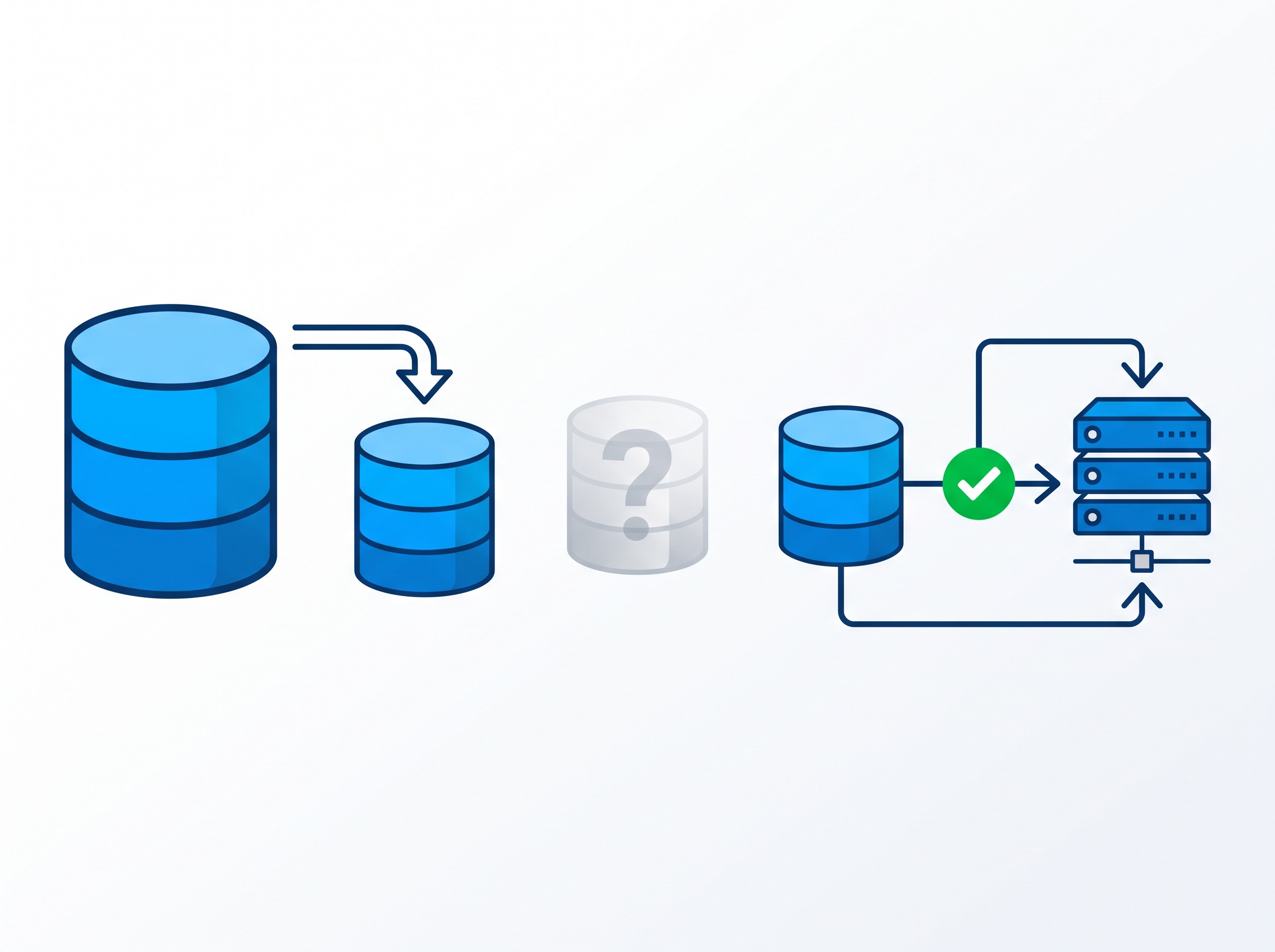 A database copy on the left, an untested copy with a grey question mark in the middle, and a verified green-checkmarked restore on the right